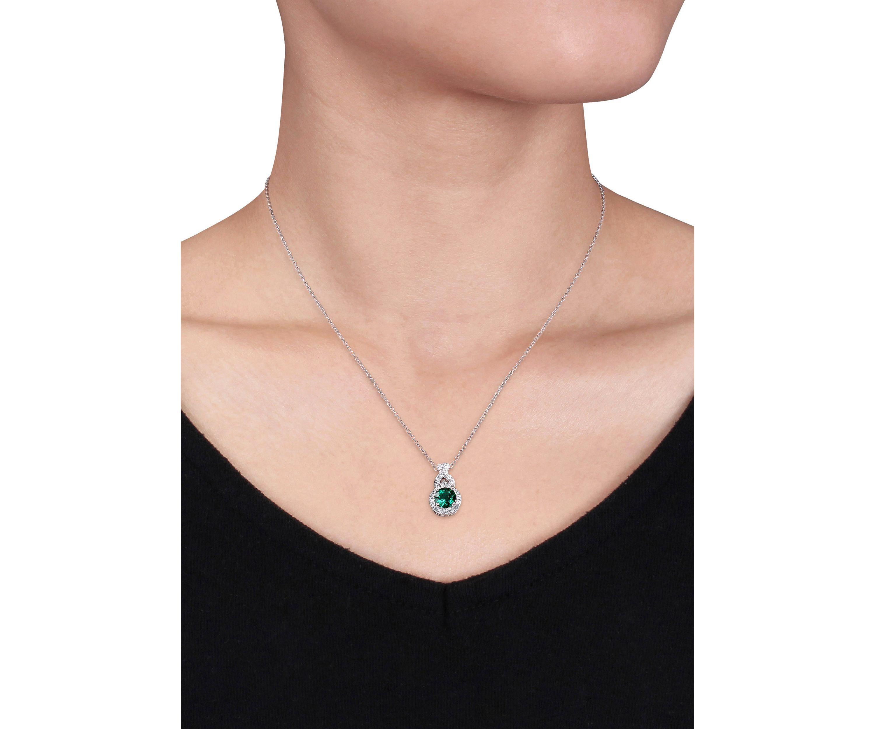 Created Emerald and Created White Sapphire Teardrop Halo Pendant with Chain in Sterling Silver