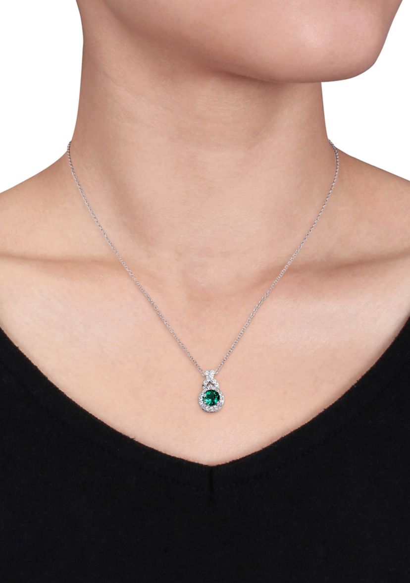 Created Emerald and Created White Sapphire Teardrop Halo Pendant with Chain in Sterling Silver