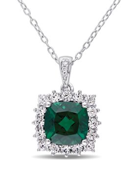 Belk & Co Created Emerald, Created White Sapphire and Diamond Halo Pendant with Chain in Sterling Silver, 8.25 in