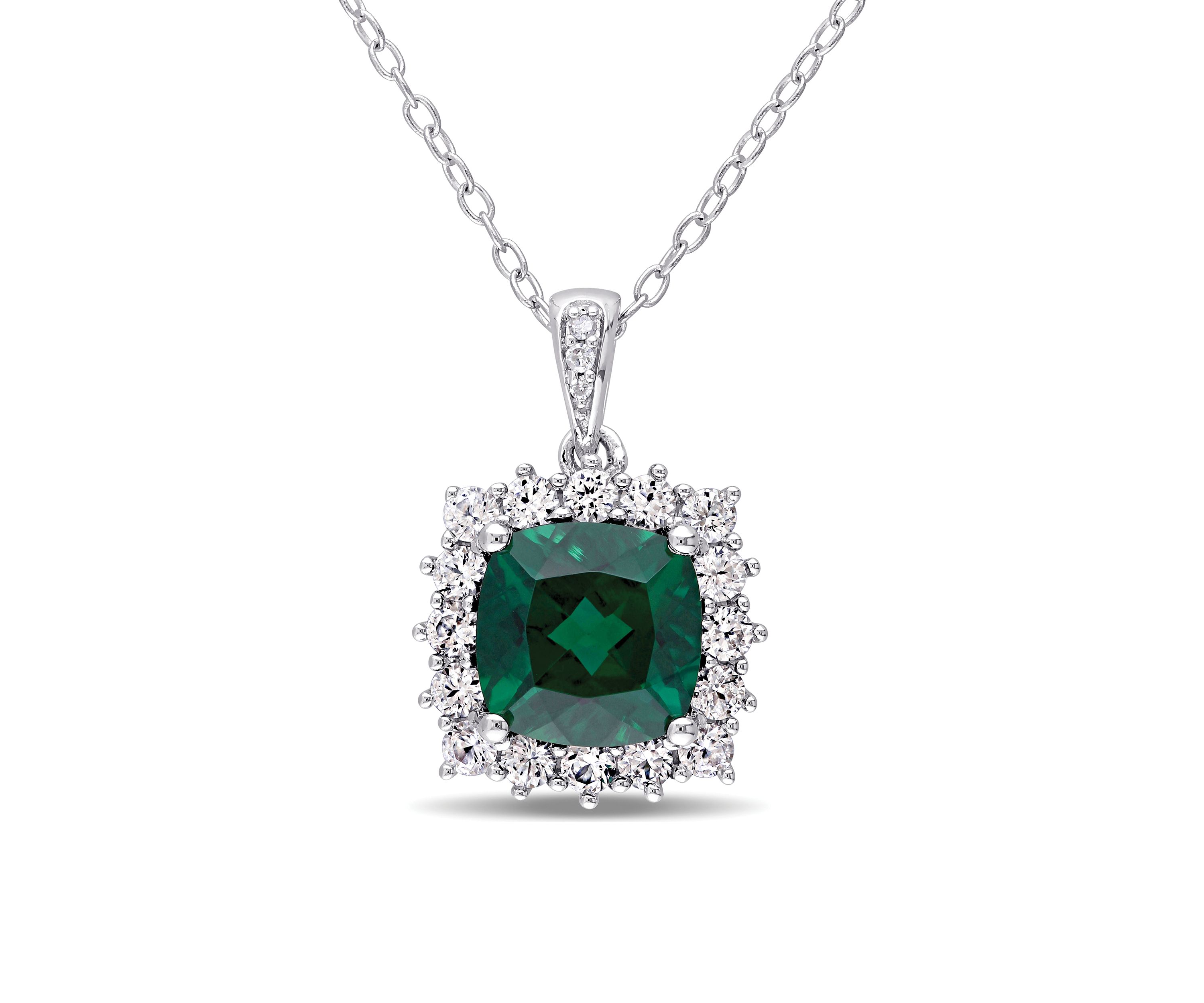 Created Emerald, Created White Sapphire and Diamond Halo Pendant with Chain in Sterling Silver