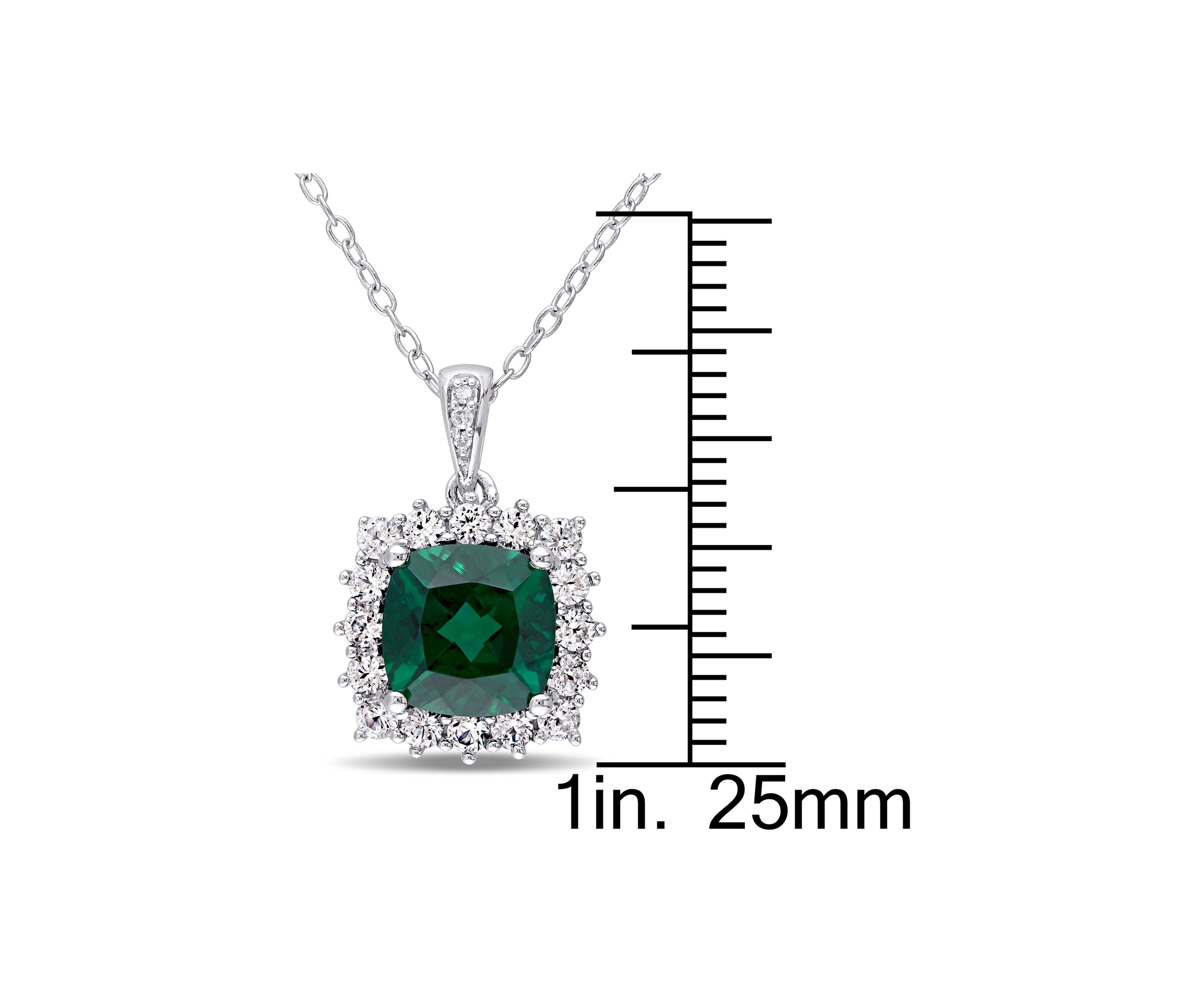 Created Emerald, Created White Sapphire and Diamond Halo Pendant with Chain in Sterling Silver