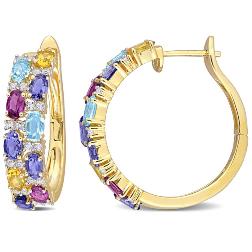 6.16 ct. t.g.w. Multi Gemstones Hoop Earrings in Yellow Plated Sterling Silver