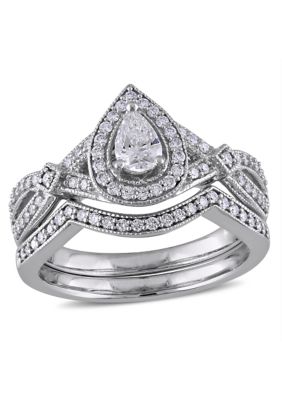 Belk & Co 5/8 ct. t.w. Diamond Pear Cut Halo Vintage Split Shank Bridal Set in 14k White Gold