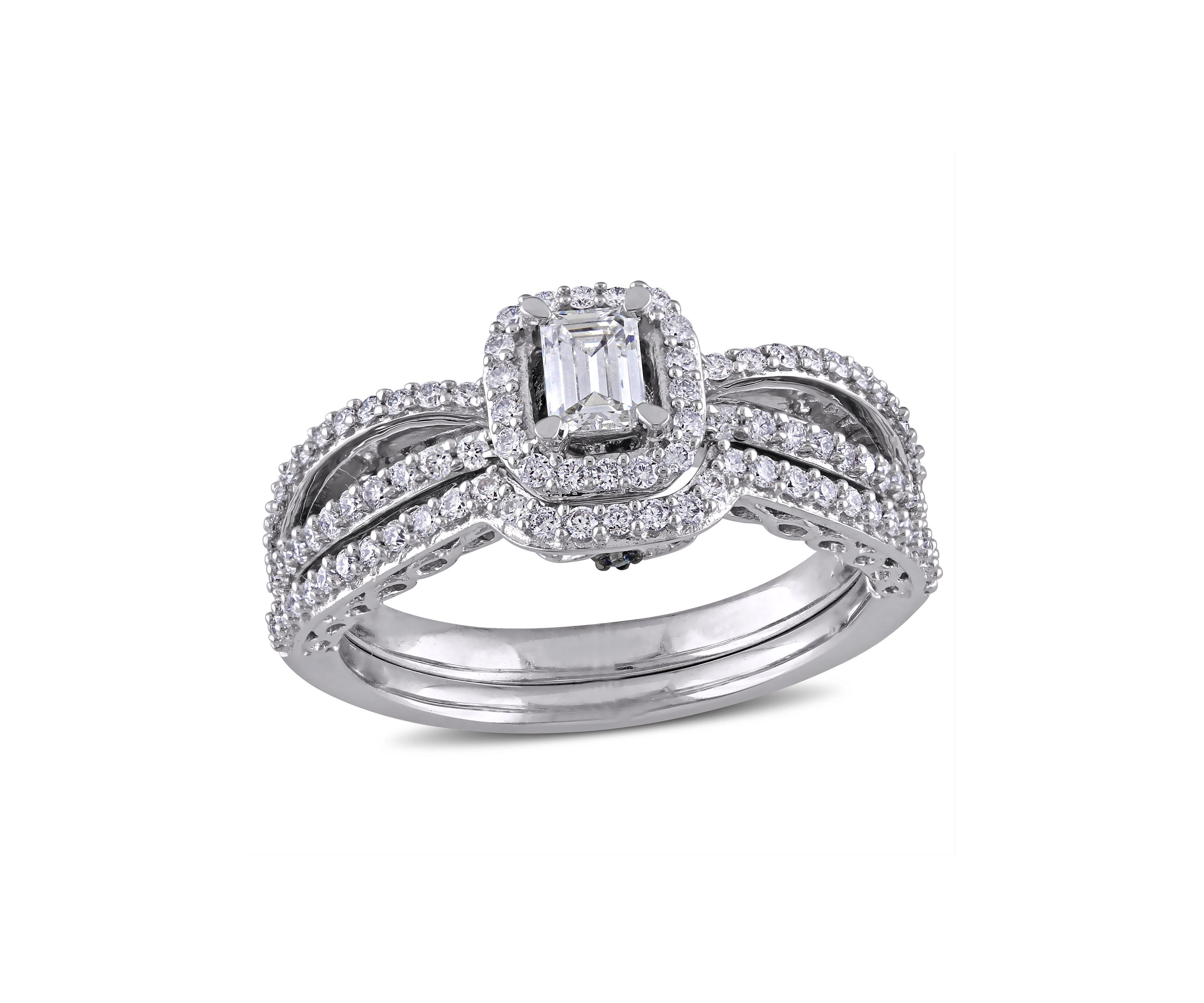 3/4 ct. t.w. Diamond Emerald Cut Halo Split Shank Bridal Set in 14k White Gold