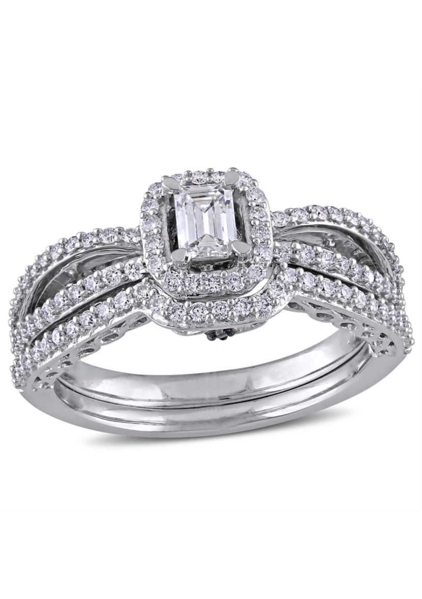 3/4 ct. t.w. Diamond Emerald Cut Halo Split Shank Bridal Set in 14k White Gold