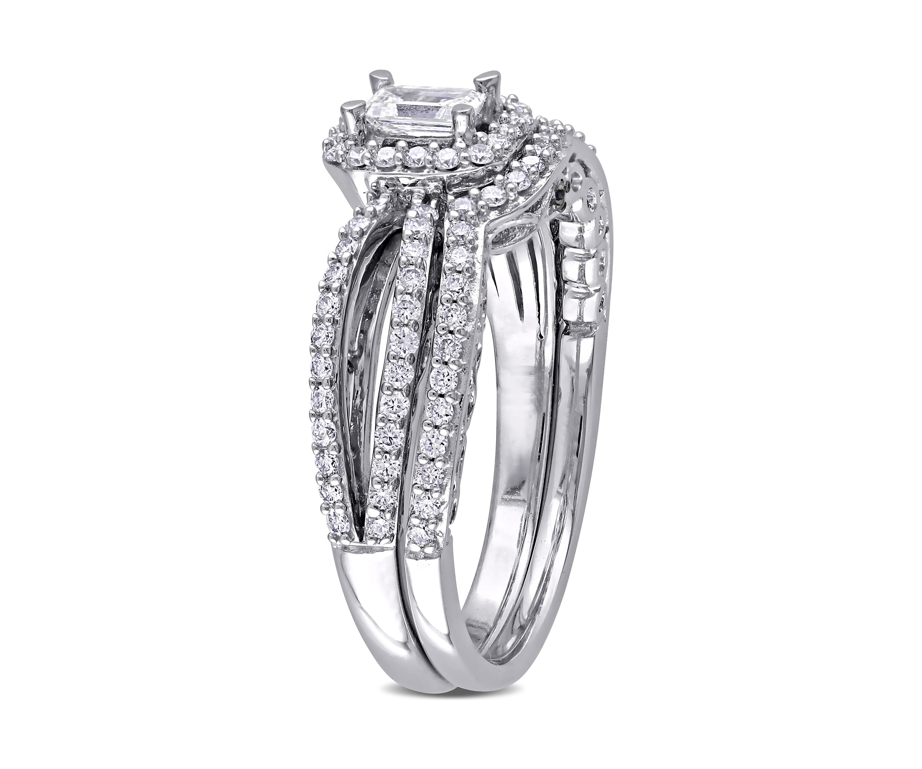 3/4 ct. t.w. Diamond Emerald Cut Halo Split Shank Bridal Set in 14k White Gold