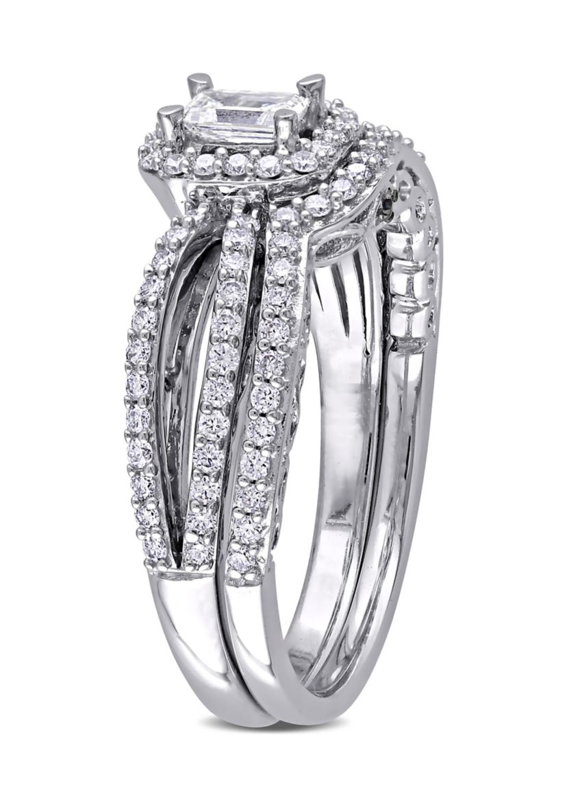 3/4 ct. t.w. Diamond Emerald Cut Halo Split Shank Bridal Set in 14k White Gold