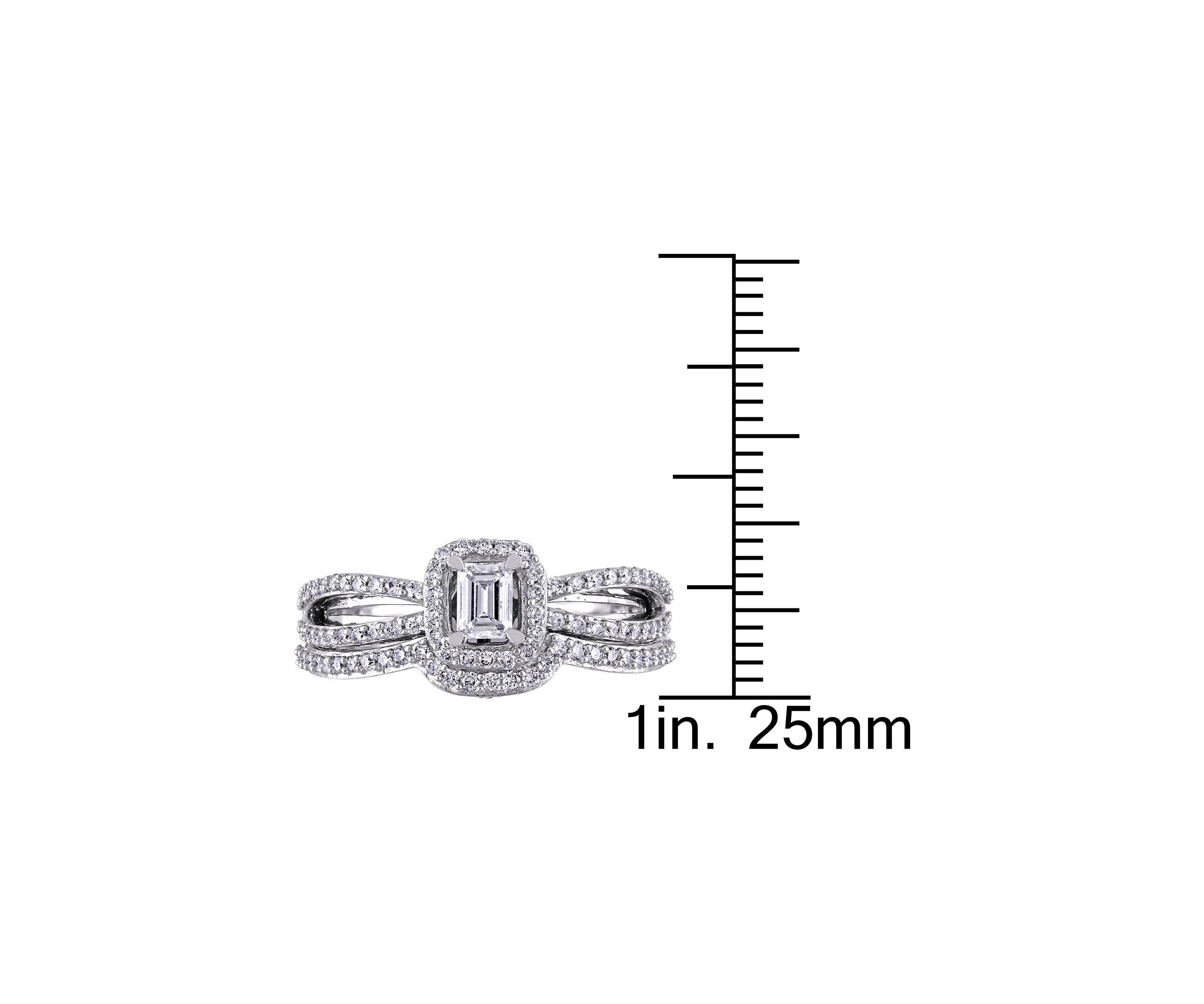 3/4 ct. t.w. Diamond Emerald Cut Halo Split Shank Bridal Set in 14k White Gold