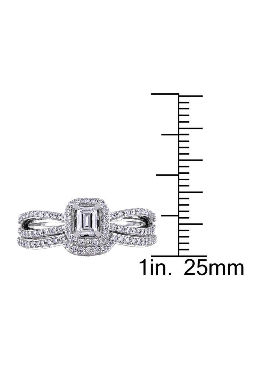 3/4 ct. t.w. Diamond Emerald Cut Halo Split Shank Bridal Set in 14k White Gold
