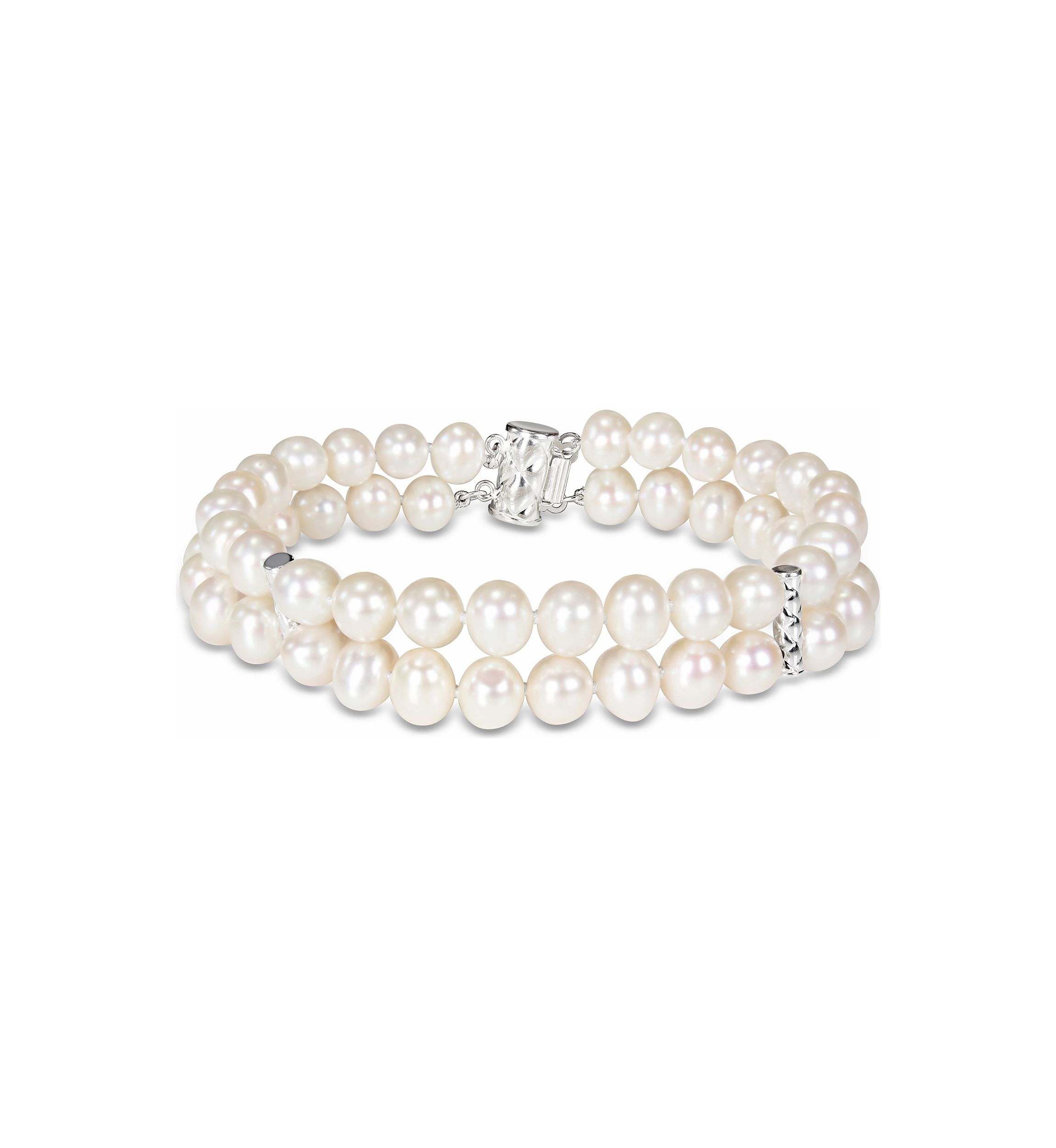 6-7 MM Cultured Freshwater Pearl Double-Row Bracelet with Sterling Silver Dividers and Clasp