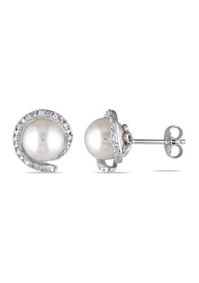Belk & Co 8-8.5 Mm Cultured Freshwater Pearl And 1/10 Ct. T.w. Diamond Stud Earrings In Sterling Silver