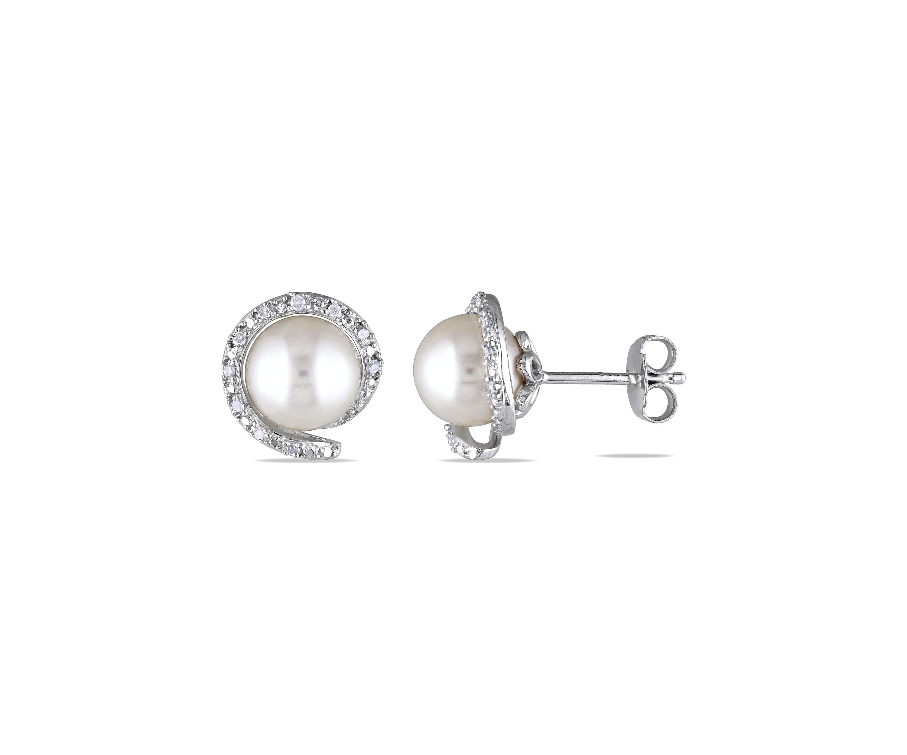 8-8.5 MM Cultured Freshwater Pearl and 1/10 ct. t.w. Diamond Stud Earrings in Sterling Silver