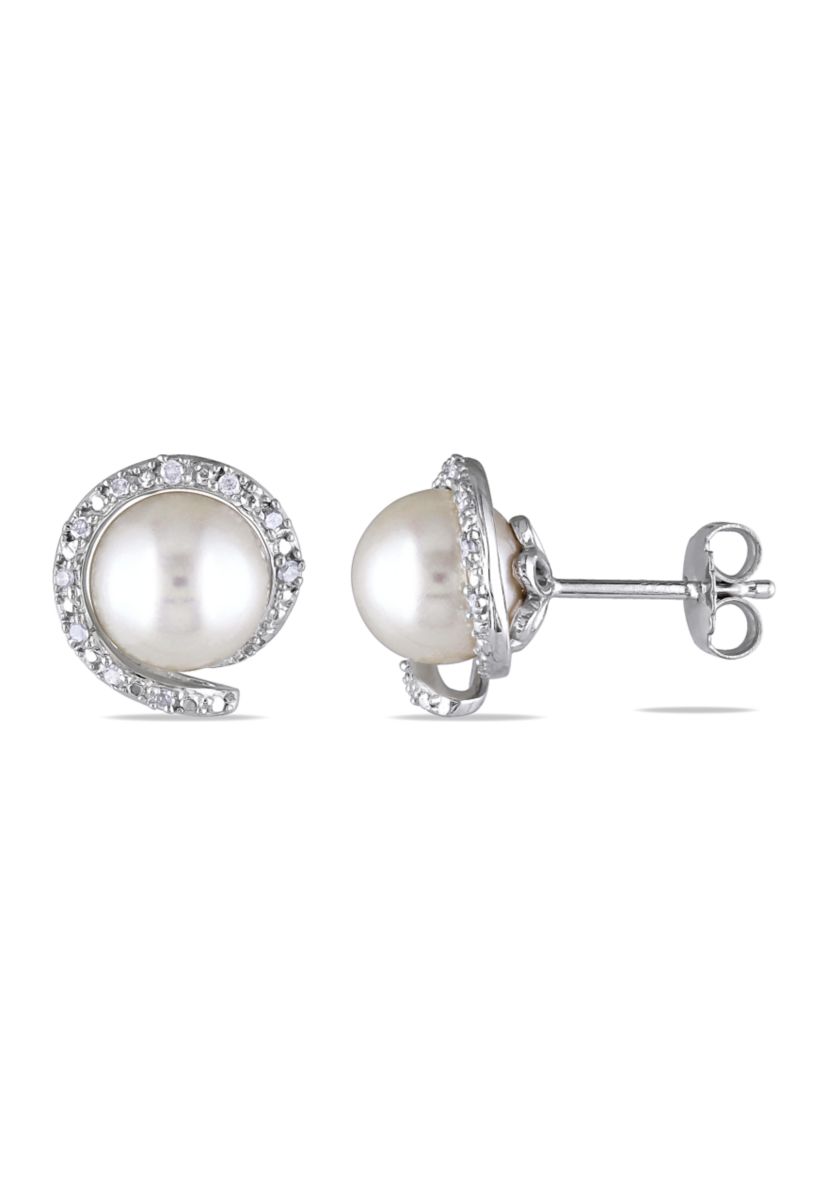 8-8.5 MM Cultured Freshwater Pearl and 1/10 ct. t.w. Diamond Stud Earrings in Sterling Silver