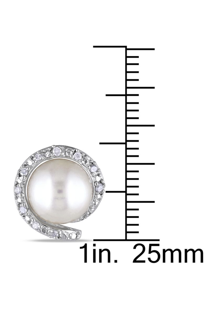 8-8.5 MM Cultured Freshwater Pearl and 1/10 ct. t.w. Diamond Stud Earrings in Sterling Silver