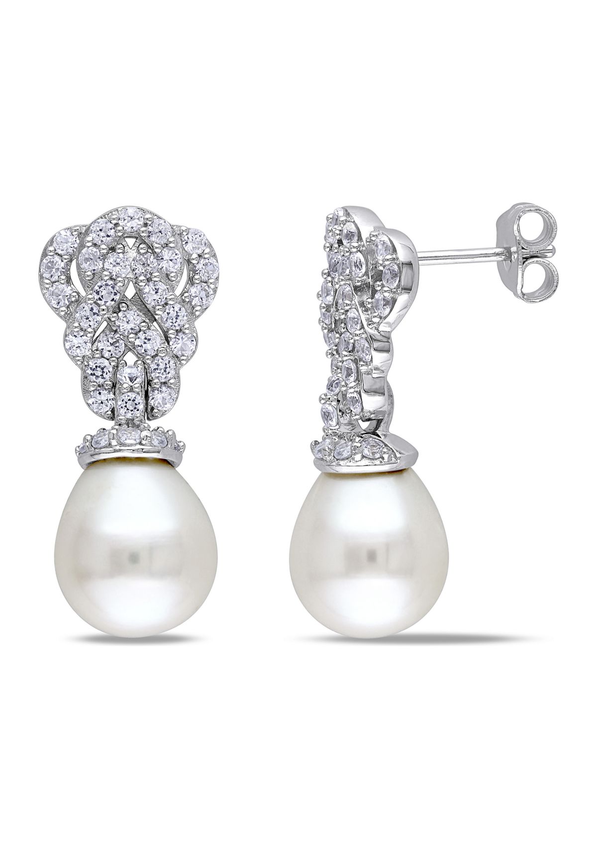 9-9.5 MM Cultured Freshwater Pearl Earrings with Created White Sapphire in Sterling Silver