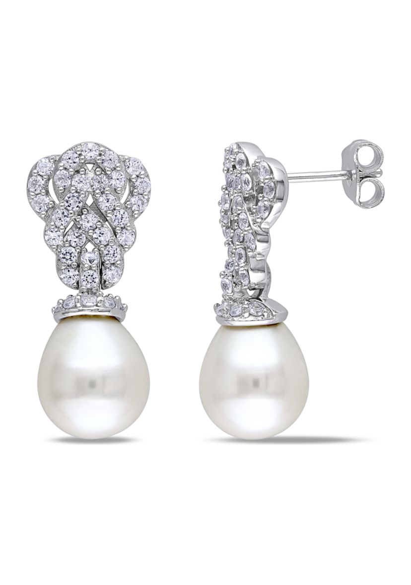 9-9.5 MM Cultured Freshwater Pearl Earrings with Created White Sapphire in Sterling Silver