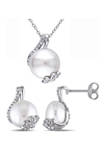 2-Piece Set Cultured Freshwater Pearl and 1/5 ct. t.w. Diamond Twist Stud Earrings and Necklace in Sterling Silver