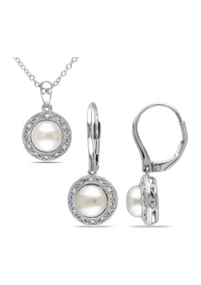 Belk & Co 2 Piece Set Cultured Freshwater Pearl and 1/10 ct. t.w. Diamond Halo Earrings and Necklace in Sterling Silver