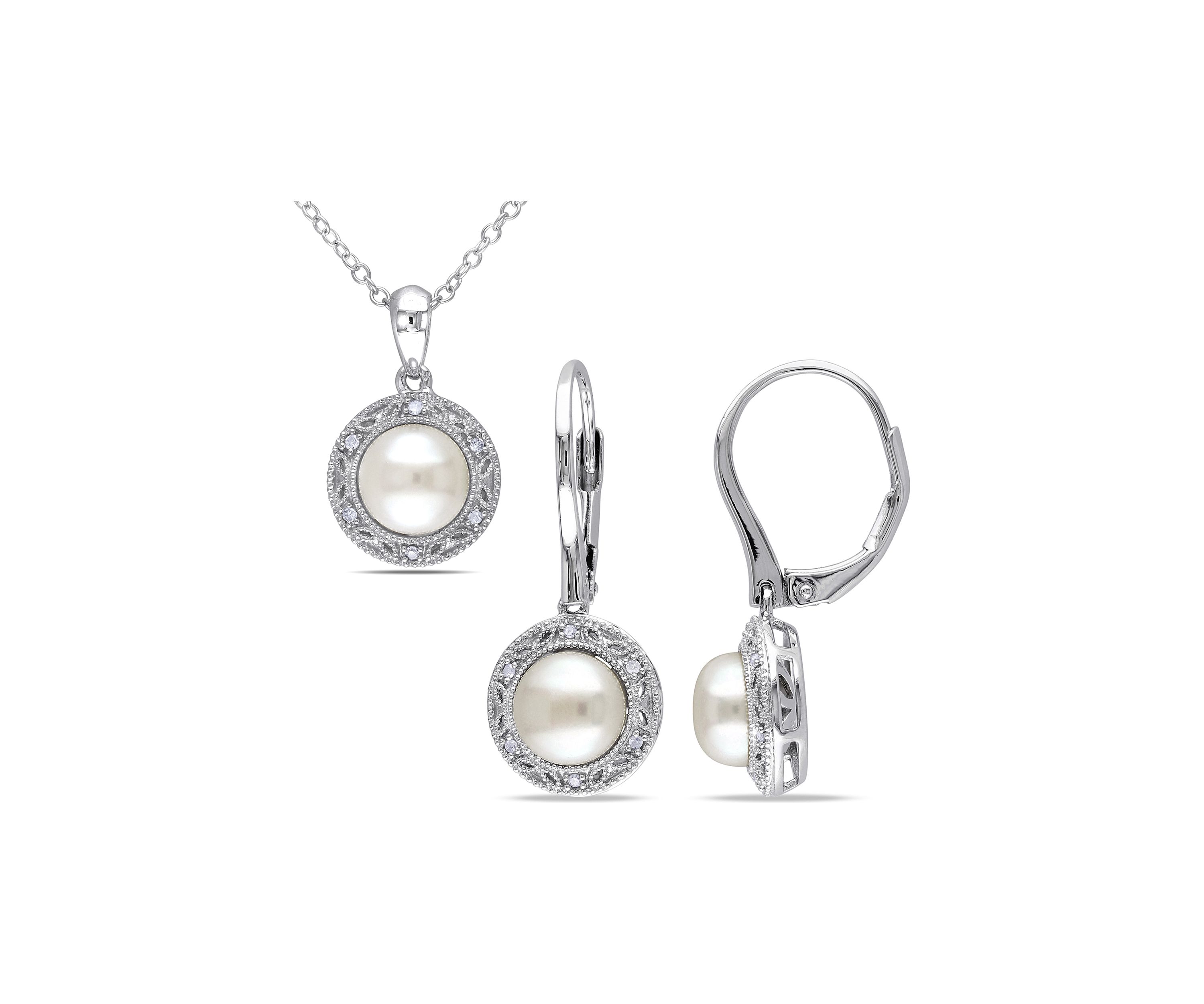 2 Piece Set Cultured Freshwater Pearl and 1/10 ct. t.w. Diamond Halo Earrings and Necklace in Sterling Silver