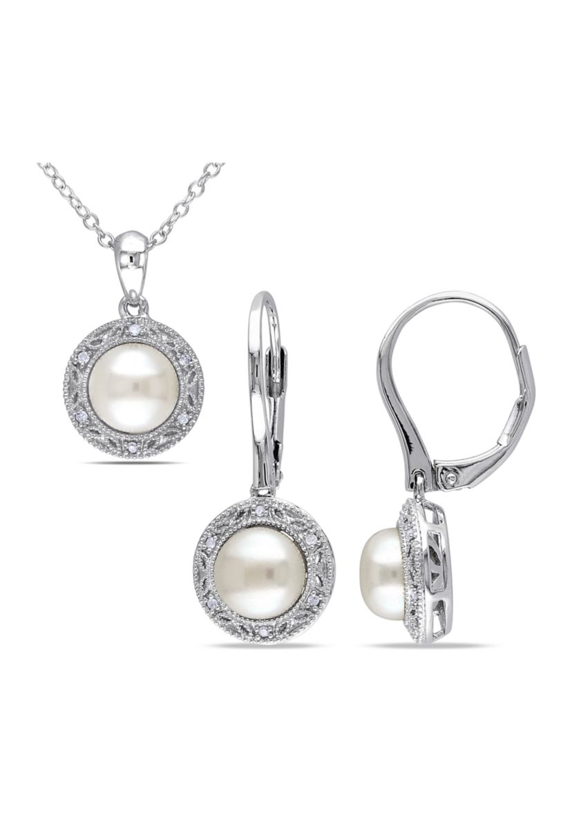 2 Piece Set Cultured Freshwater Pearl and 1/10 ct. t.w. Diamond Halo Earrings and Necklace in Sterling Silver