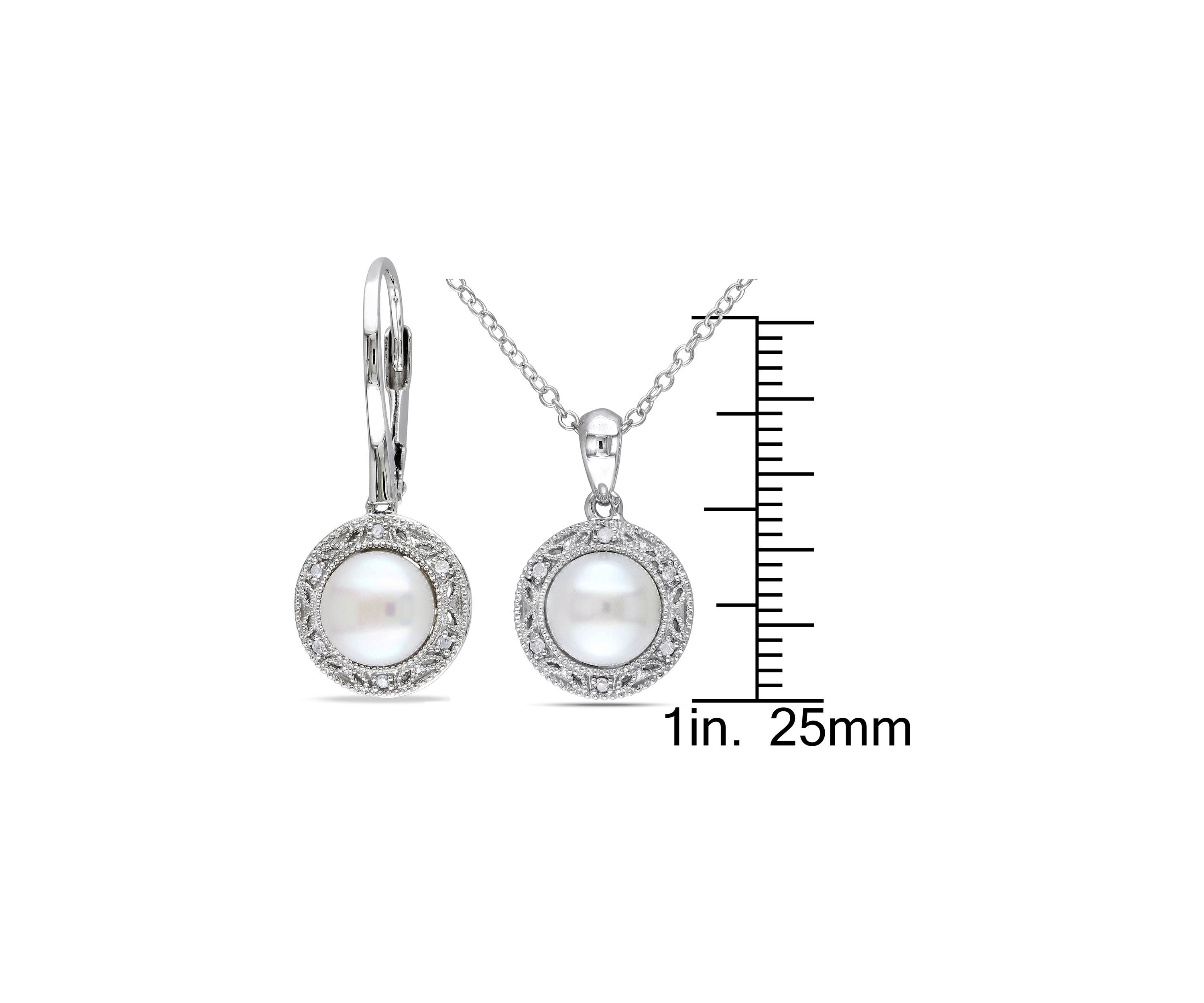 2 Piece Set Cultured Freshwater Pearl and 1/10 ct. t.w. Diamond Halo Earrings and Necklace in Sterling Silver