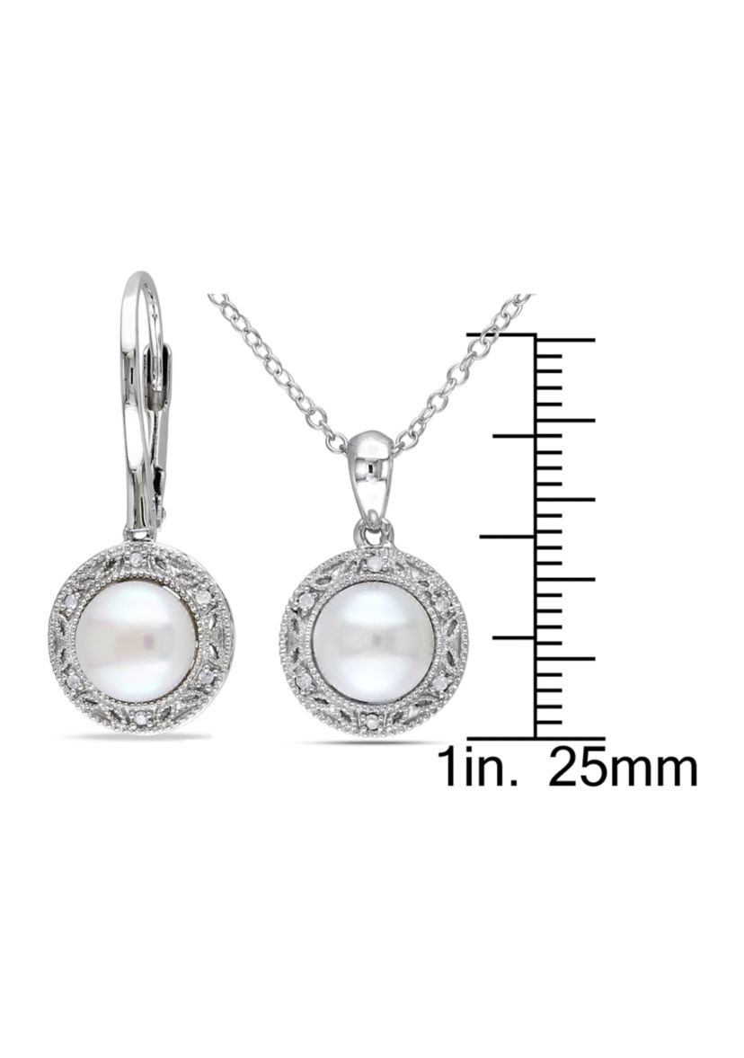 2 Piece Set Cultured Freshwater Pearl and 1/10 ct. t.w. Diamond Halo Earrings and Necklace in Sterling Silver