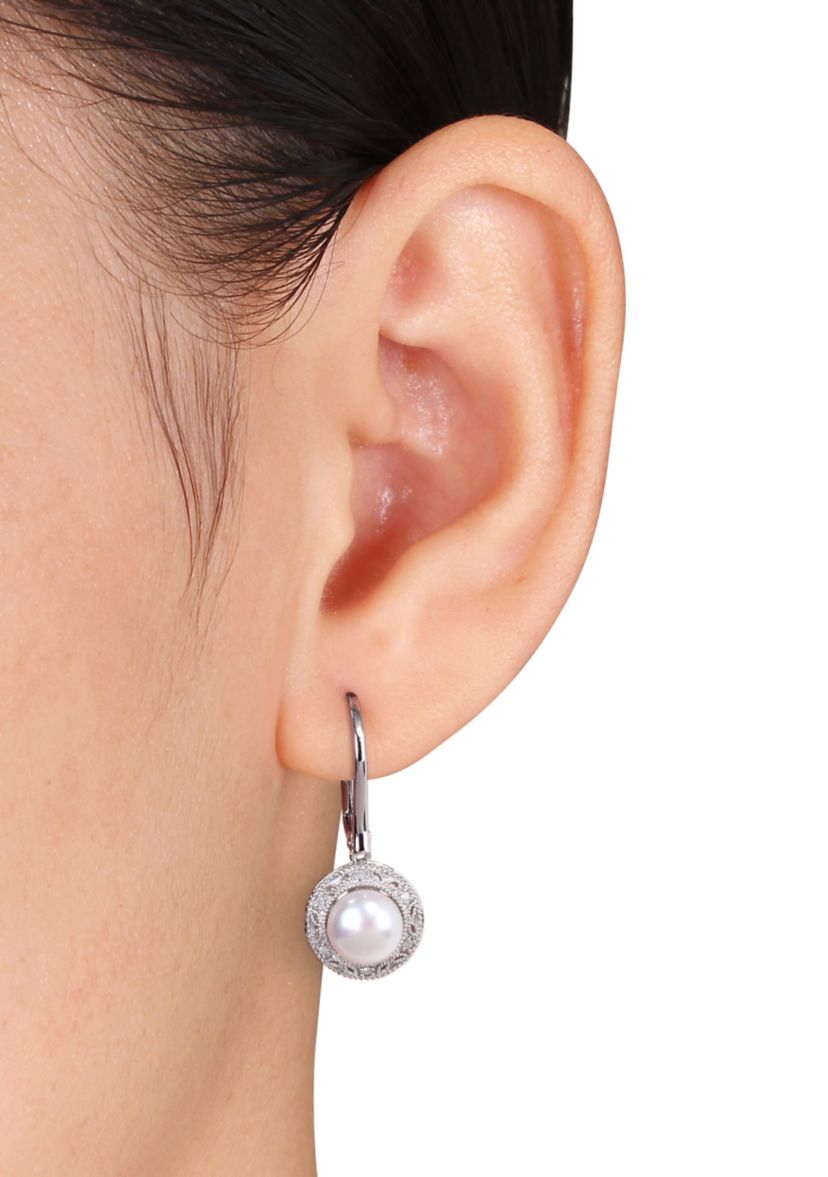 2 Piece Set Cultured Freshwater Pearl and 1/10 ct. t.w. Diamond Halo Earrings and Necklace in Sterling Silver