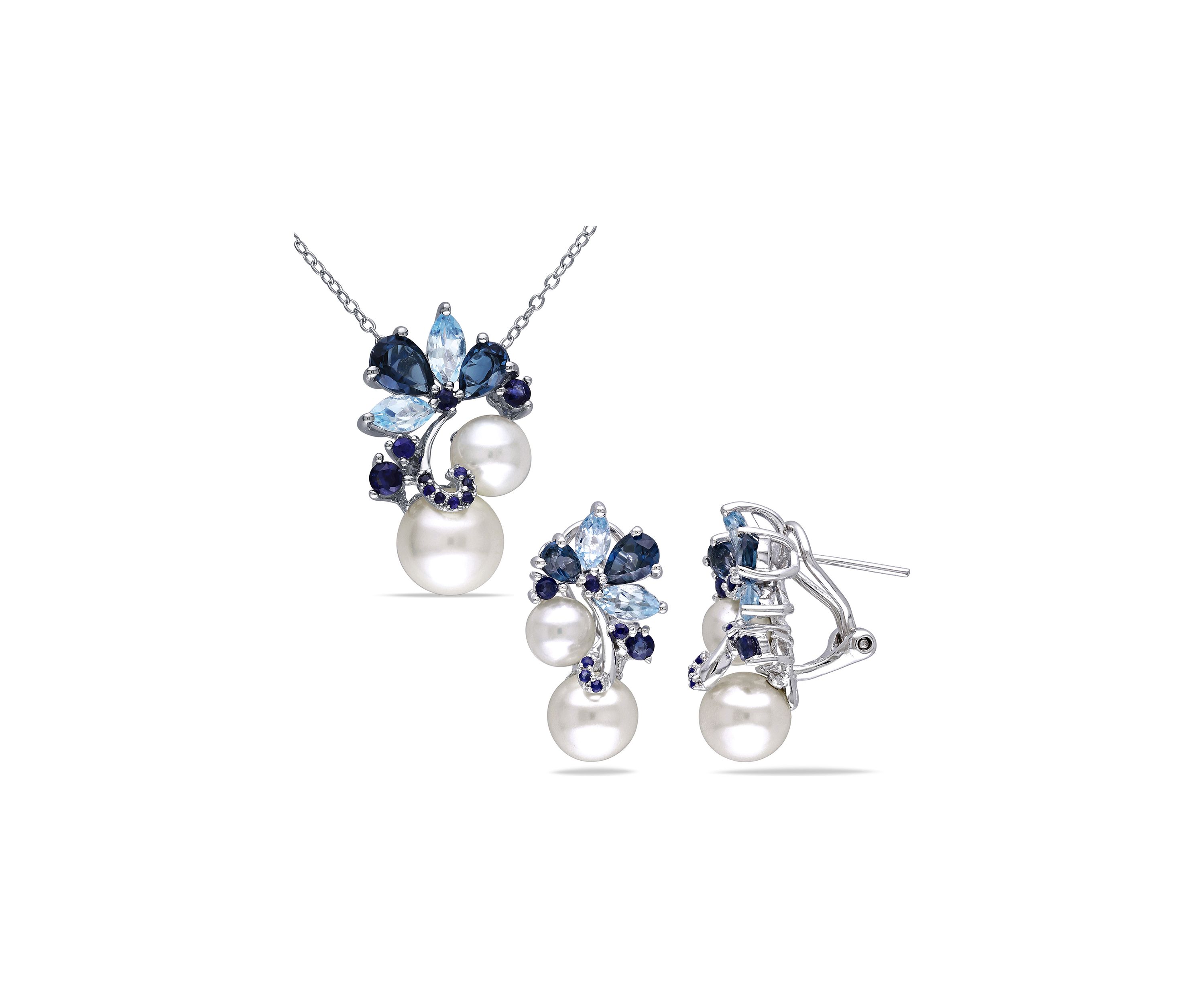 2-Piece Set Blue Topaz, Sapphire and Cultured Pearl Cluster Earrings and Necklace in Sterling Silver