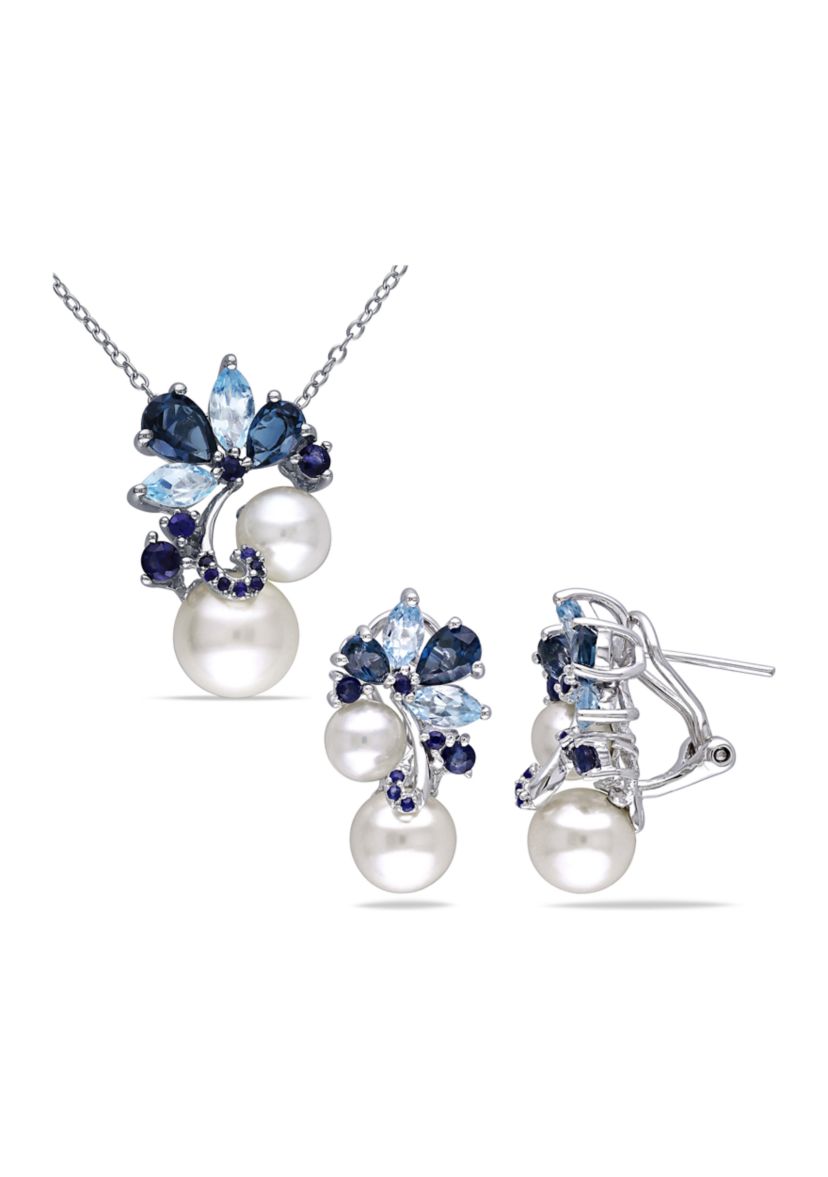 2-Piece Set Blue Topaz, Sapphire and Cultured Pearl Cluster Earrings and Necklace in Sterling Silver