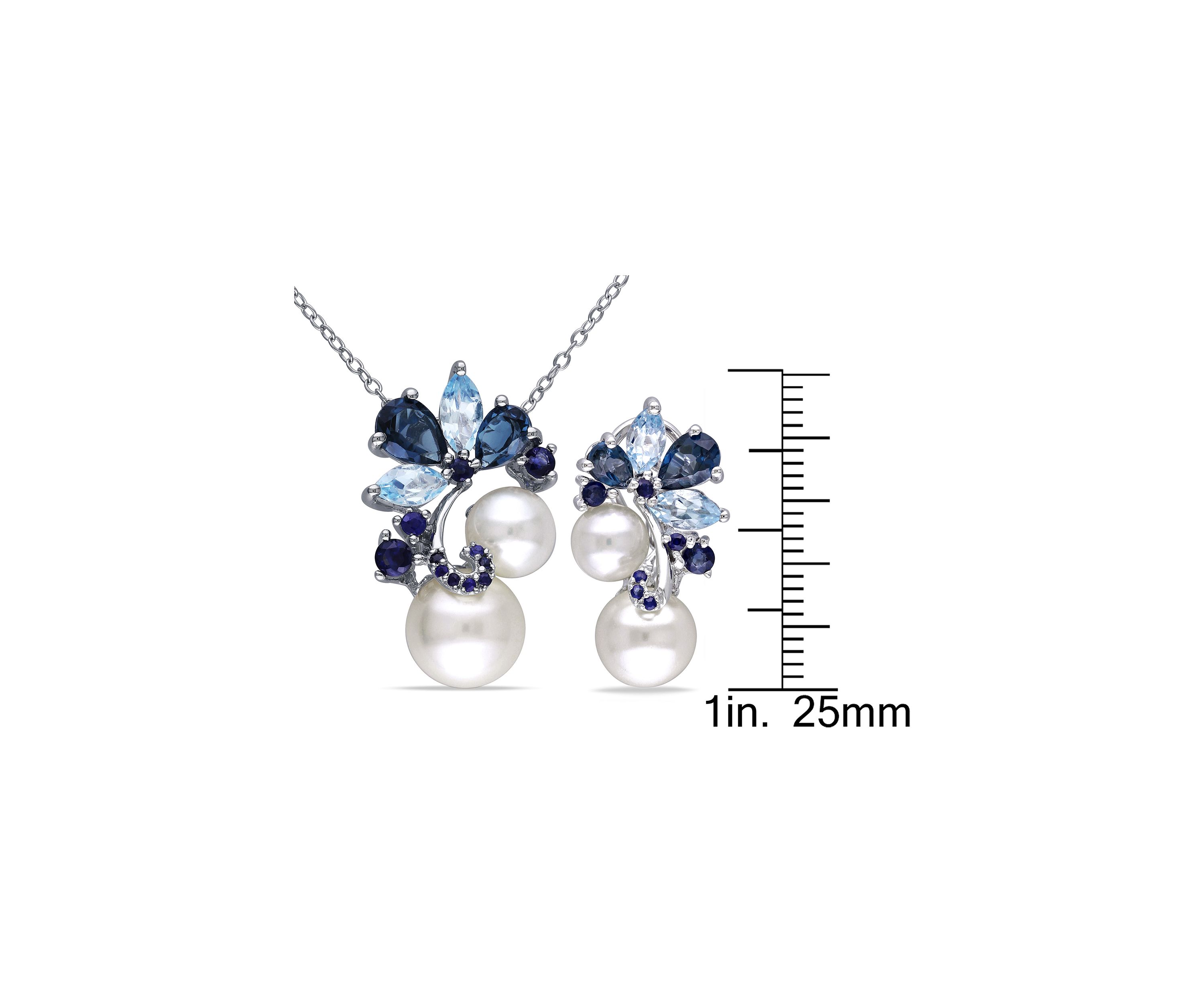 2-Piece Set Blue Topaz, Sapphire and Cultured Pearl Cluster Earrings and Necklace in Sterling Silver