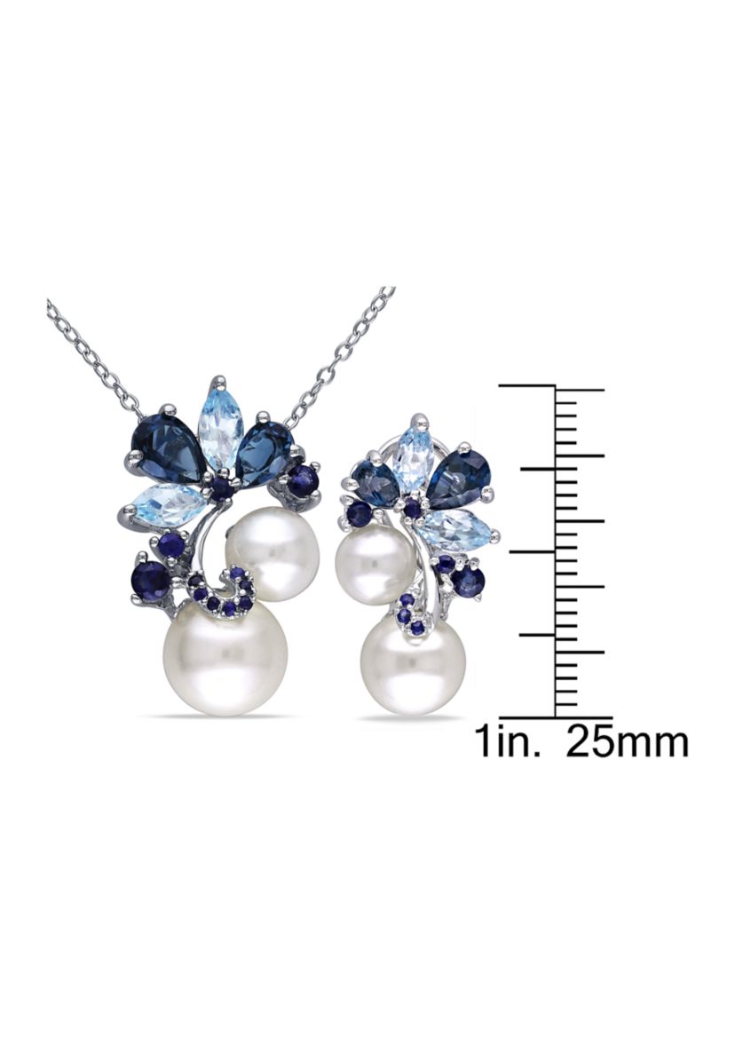 2-Piece Set Blue Topaz, Sapphire and Cultured Pearl Cluster Earrings and Necklace in Sterling Silver