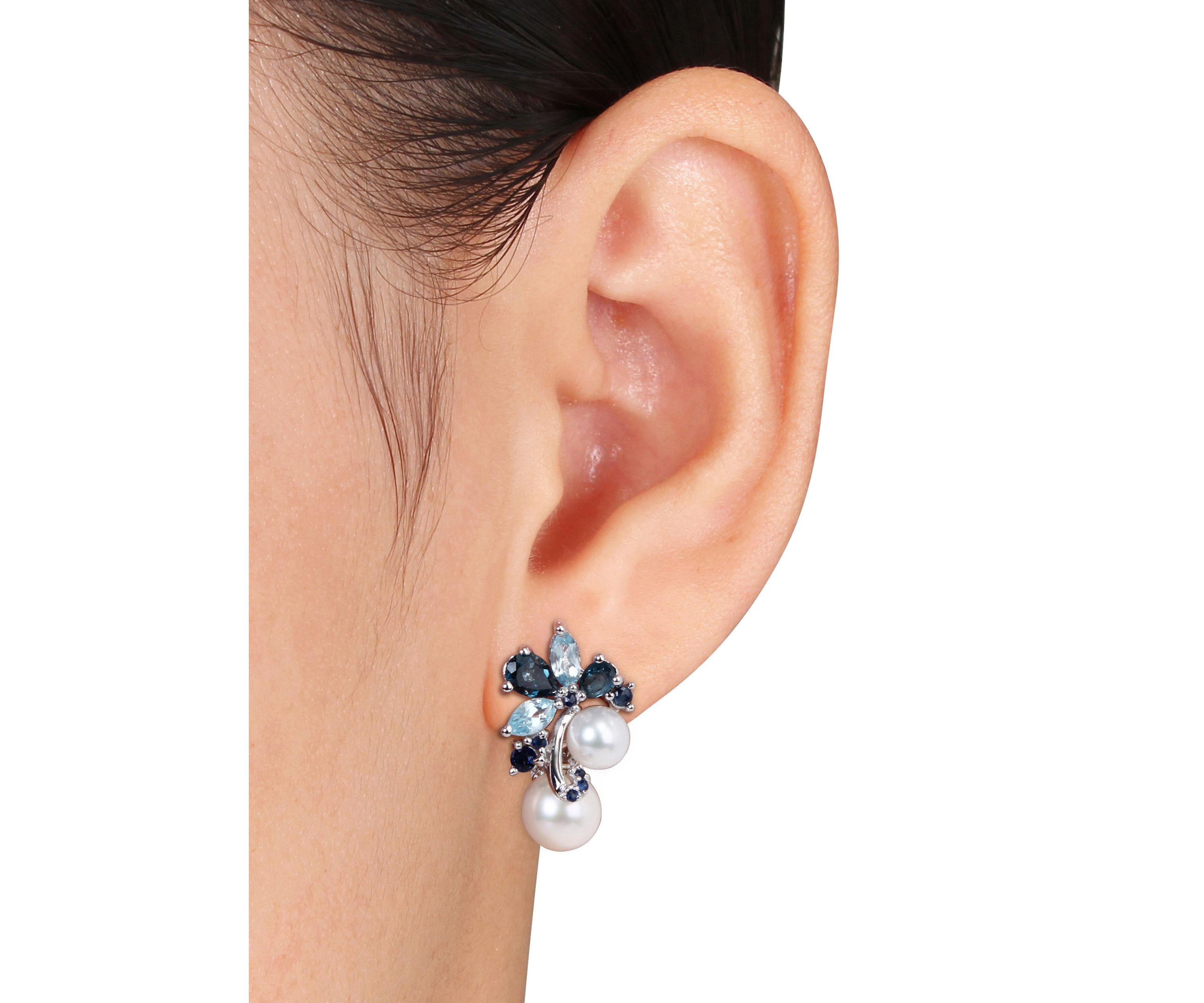 2-Piece Set Blue Topaz, Sapphire and Cultured Pearl Cluster Earrings and Necklace in Sterling Silver