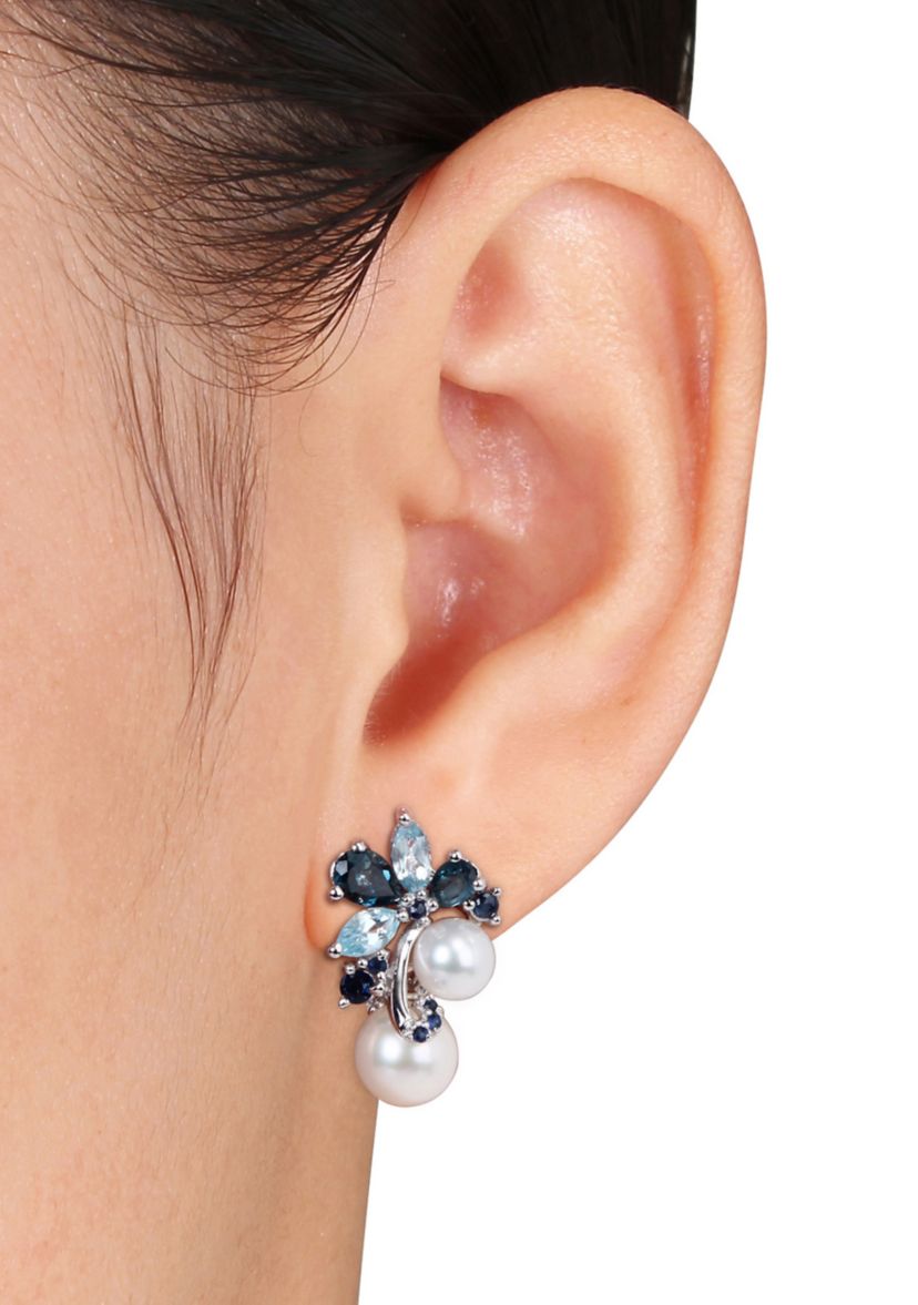2-Piece Set Blue Topaz, Sapphire and Cultured Pearl Cluster Earrings and Necklace in Sterling Silver