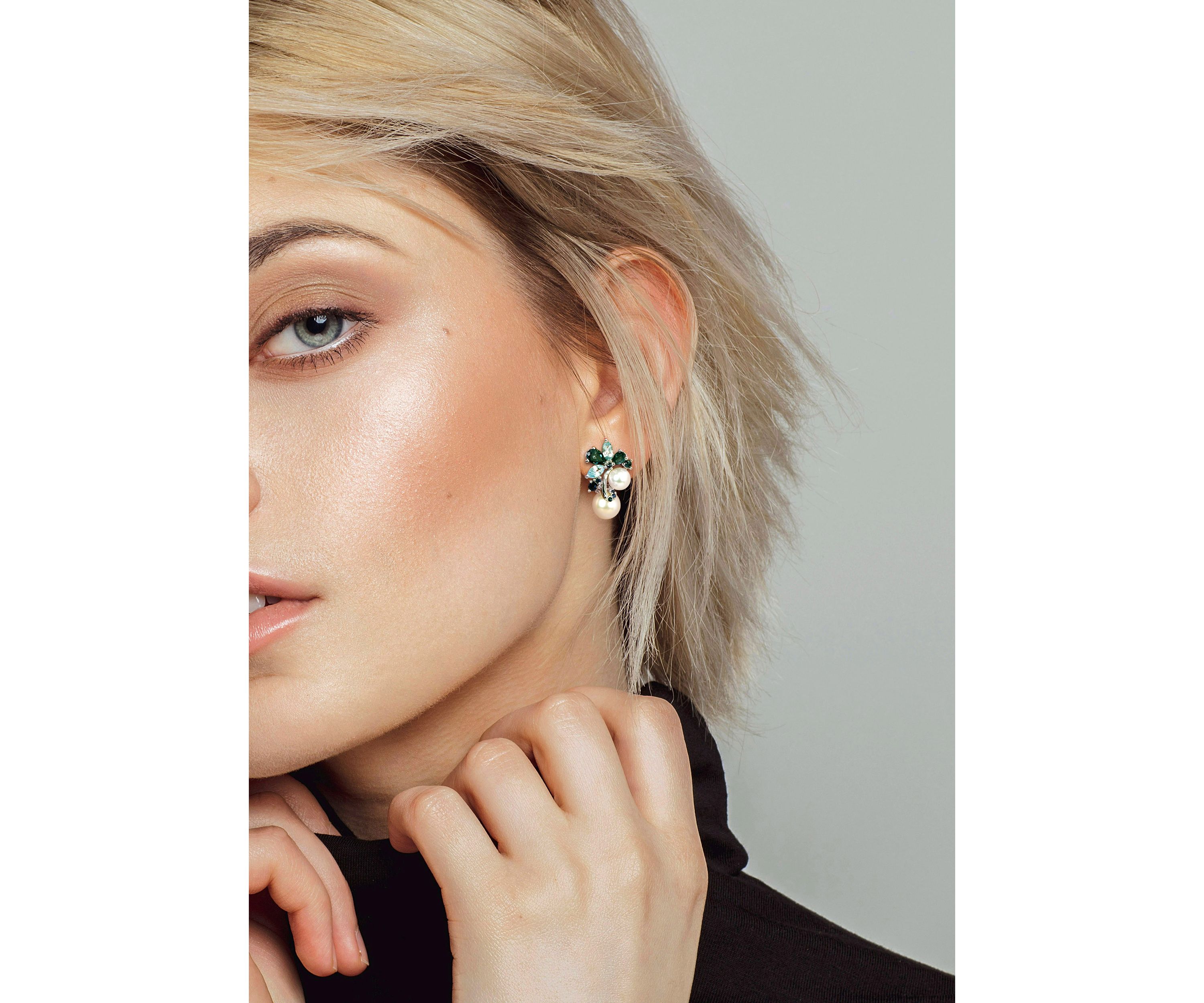 2-Piece Set Blue Topaz, Sapphire and Cultured Pearl Cluster Earrings and Necklace in Sterling Silver