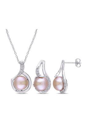 Belk & Co 2-Piece Set Pink Cultured Freshwater Pearl and 1/10 ct. t.w. Diamond Halo Earrings and Necklace in Sterling Silver