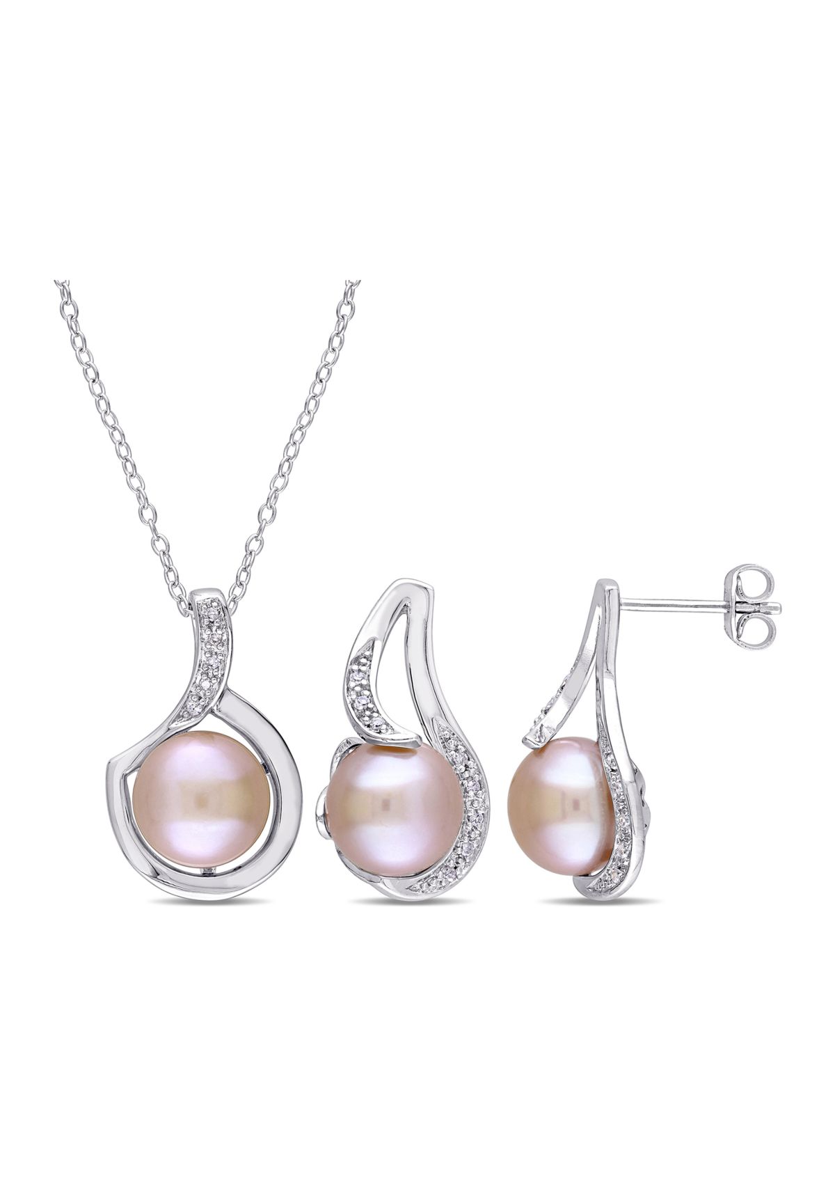 2-Piece Set Pink Cultured Freshwater Pearl and 1/10 ct. t.w. Diamond Halo Earrings and Necklace in Sterling Silver