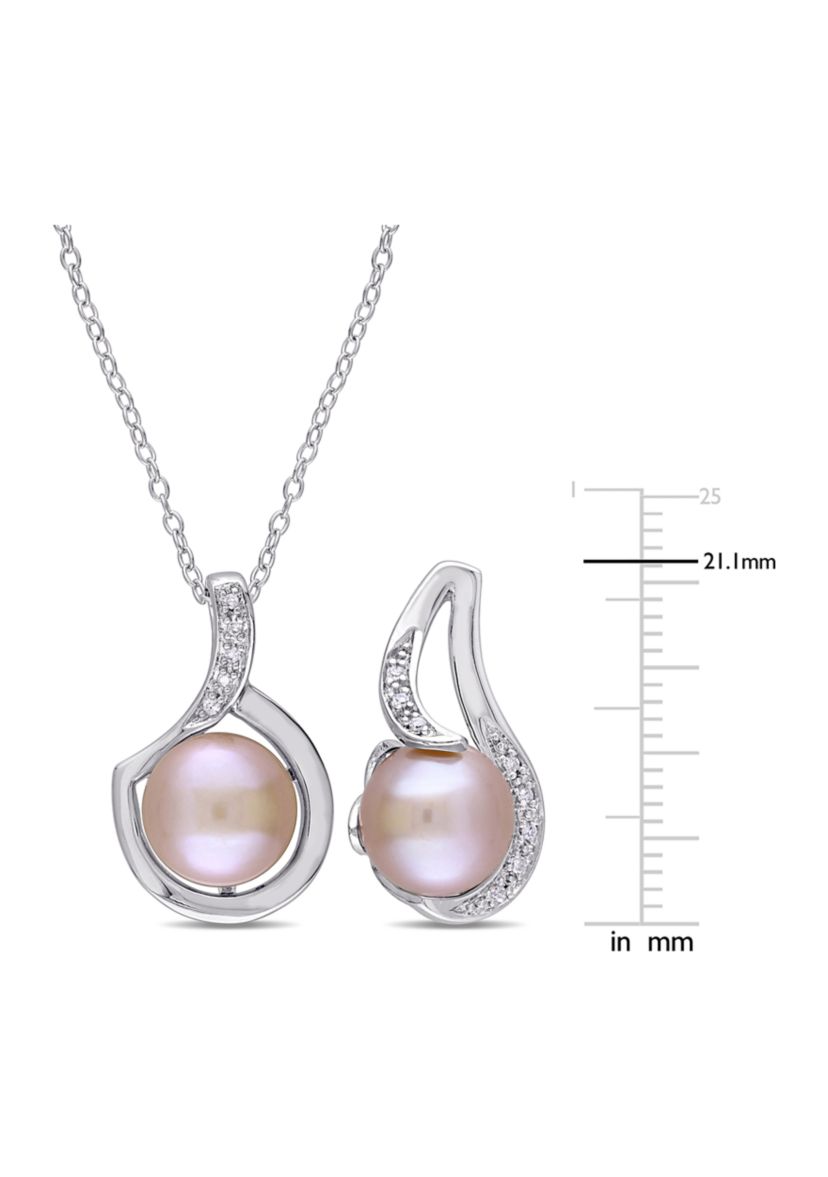 2-Piece Set Pink Cultured Freshwater Pearl and 1/10 ct. t.w. Diamond Halo Earrings and Necklace in Sterling Silver