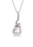11-12 MM Cultured Freshwater Pearl and Diamond Accent Swirl Drop Pendant with Chain in Sterling Silver