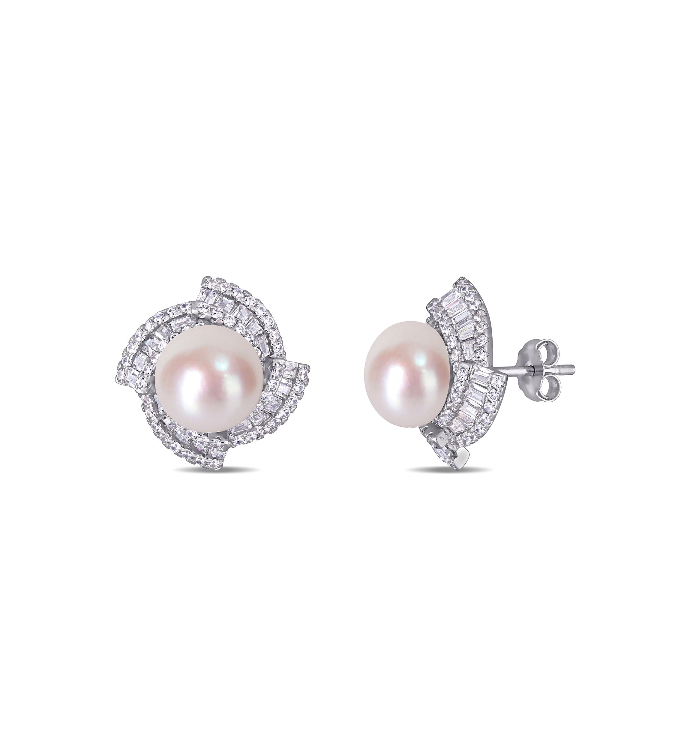 9.5-10 MM Cultured Freshwater Pearl and Cubic Zirconia Geometric Stud Earrings in Sterling Silver