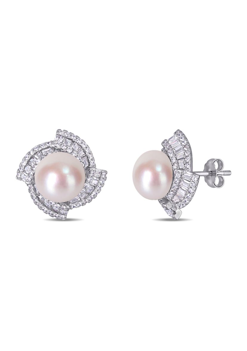 9.5-10 MM Cultured Freshwater Pearl and Cubic Zirconia Geometric Stud Earrings in Sterling Silver