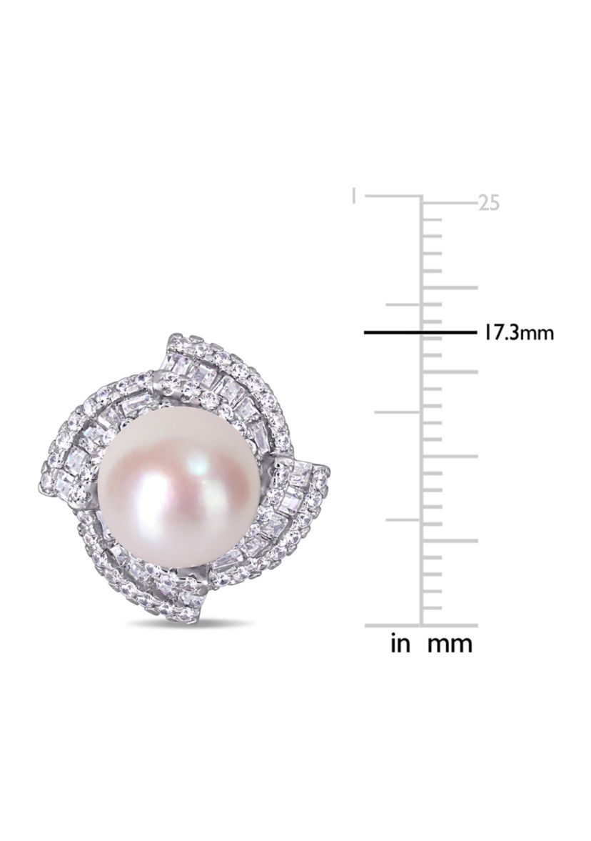 9.5-10 MM Cultured Freshwater Pearl and Cubic Zirconia Geometric Stud Earrings in Sterling Silver