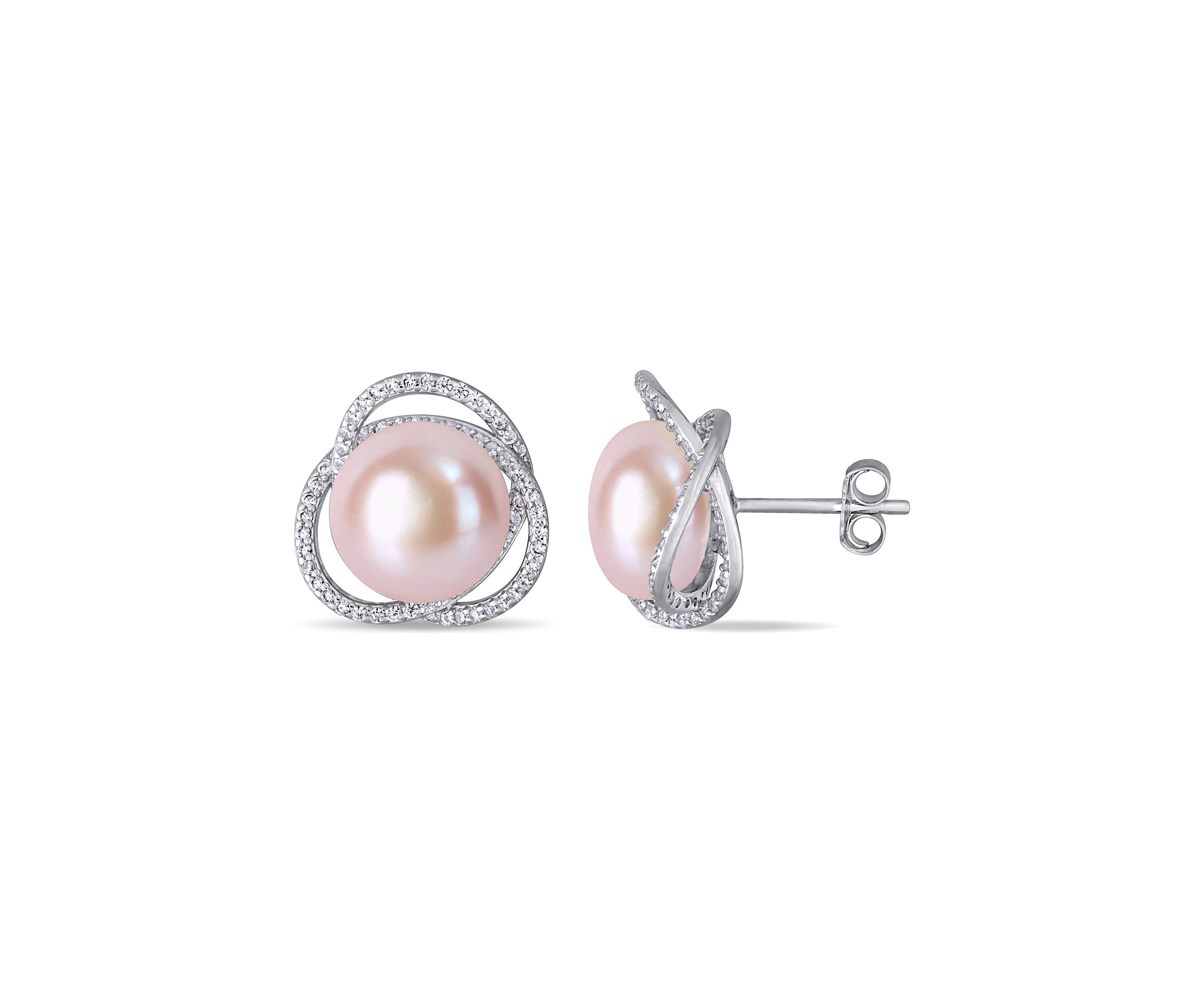 11-11.5 MM Pink Cultured Pearl and Cubic Zirconia Interlaced Halo Stud Earrings in Sterling Silver