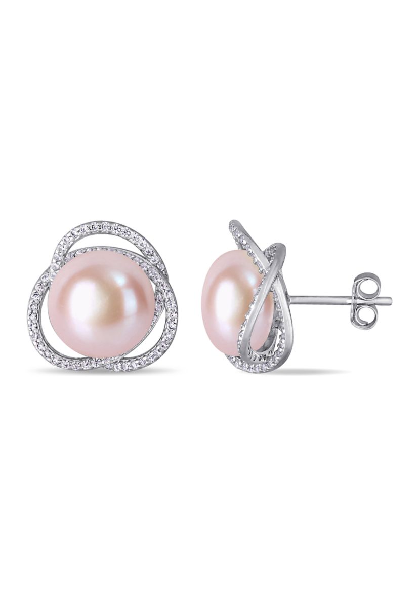 11-11.5 MM Pink Cultured Pearl and Cubic Zirconia Interlaced Halo Stud Earrings in Sterling Silver