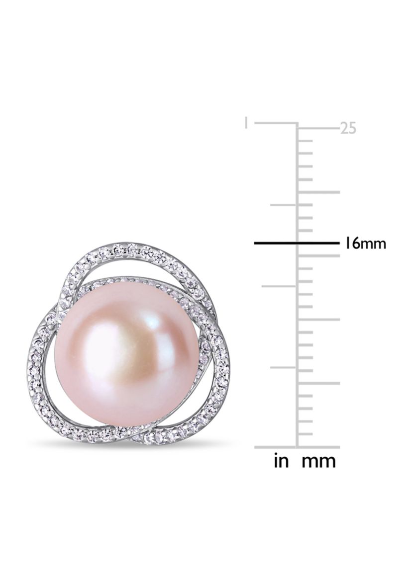 11-11.5 MM Pink Cultured Pearl and Cubic Zirconia Interlaced Halo Stud Earrings in Sterling Silver