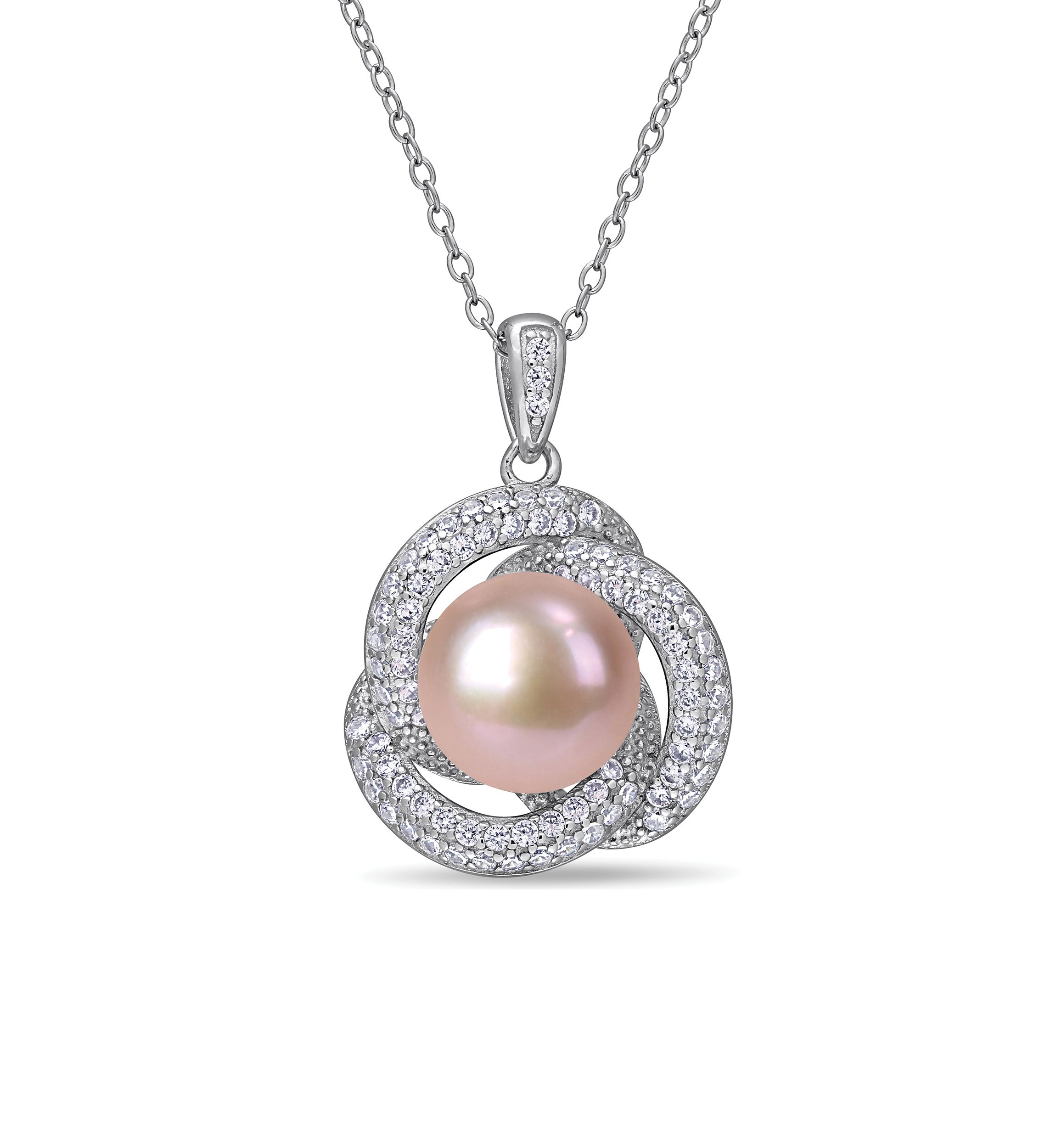 10.5-11 MM Pink Cultured Freshwater Pearl and Cubic Zirconia Interlaced Halo Necklace in Sterling Silver