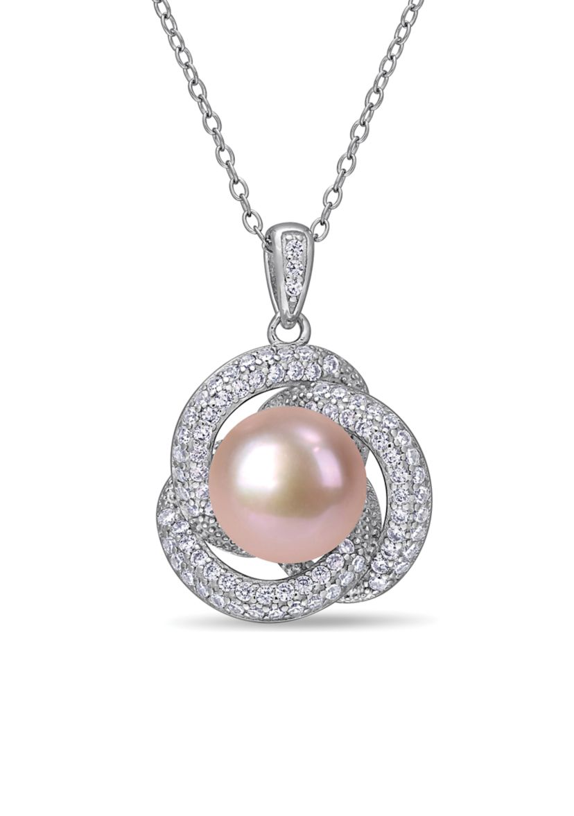 10.5-11 MM Pink Cultured Freshwater Pearl and Cubic Zirconia Interlaced Halo Necklace in Sterling Silver