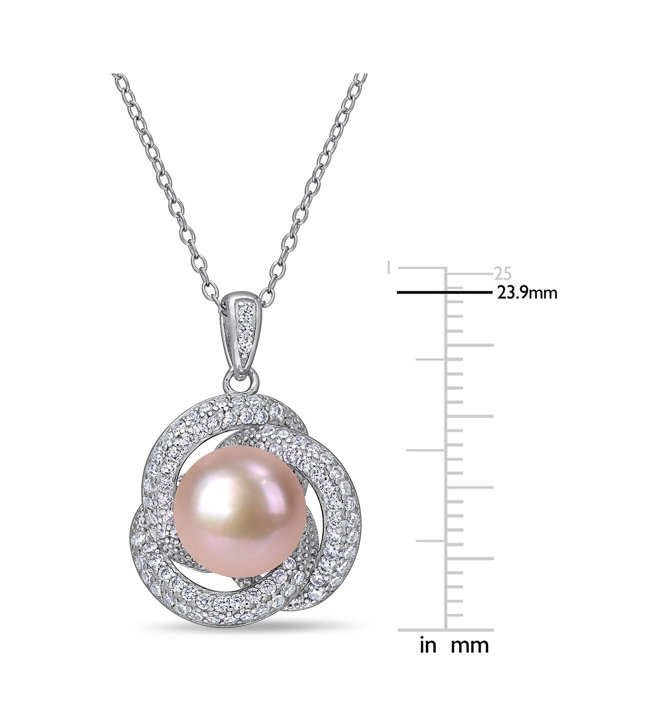 10.5-11 MM Pink Cultured Freshwater Pearl and Cubic Zirconia Interlaced Halo Necklace in Sterling Silver