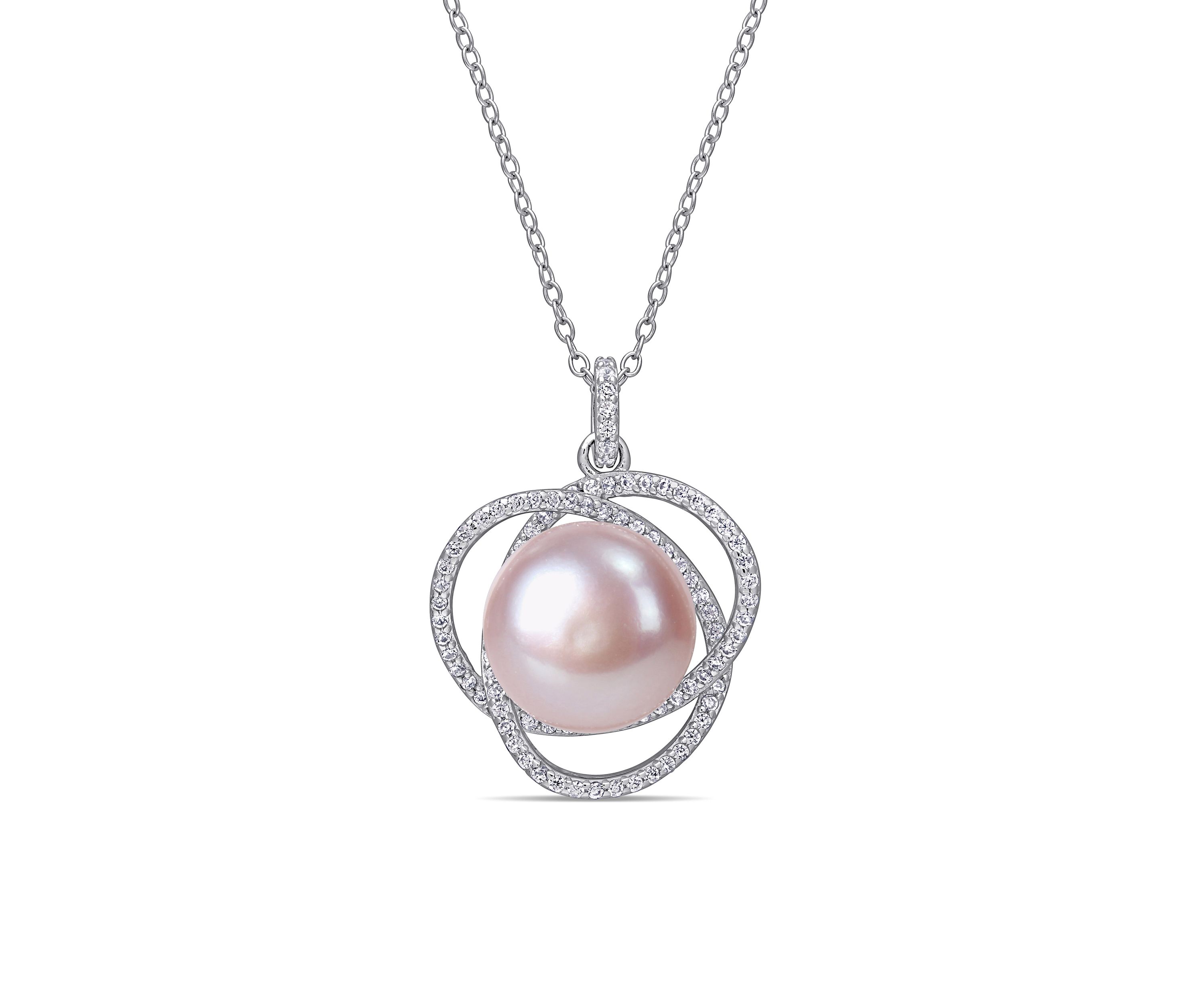 12-12.5 MM Pink Cultured Freshwater Pearl and Cubic Zirconia Interlaced Halo Necklace in Sterling Silver