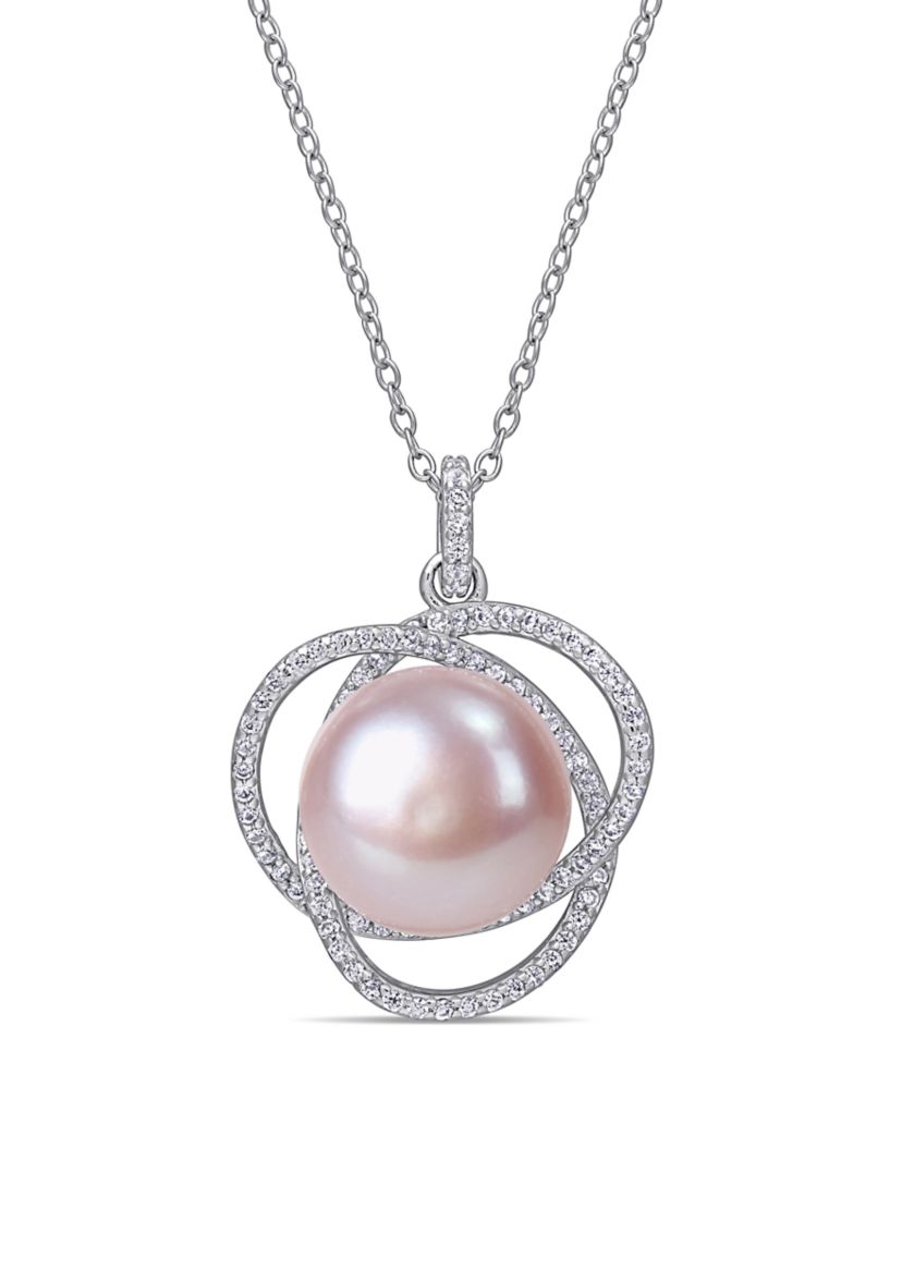 12-12.5 MM Pink Cultured Freshwater Pearl and Cubic Zirconia Interlaced Halo Necklace in Sterling Silver