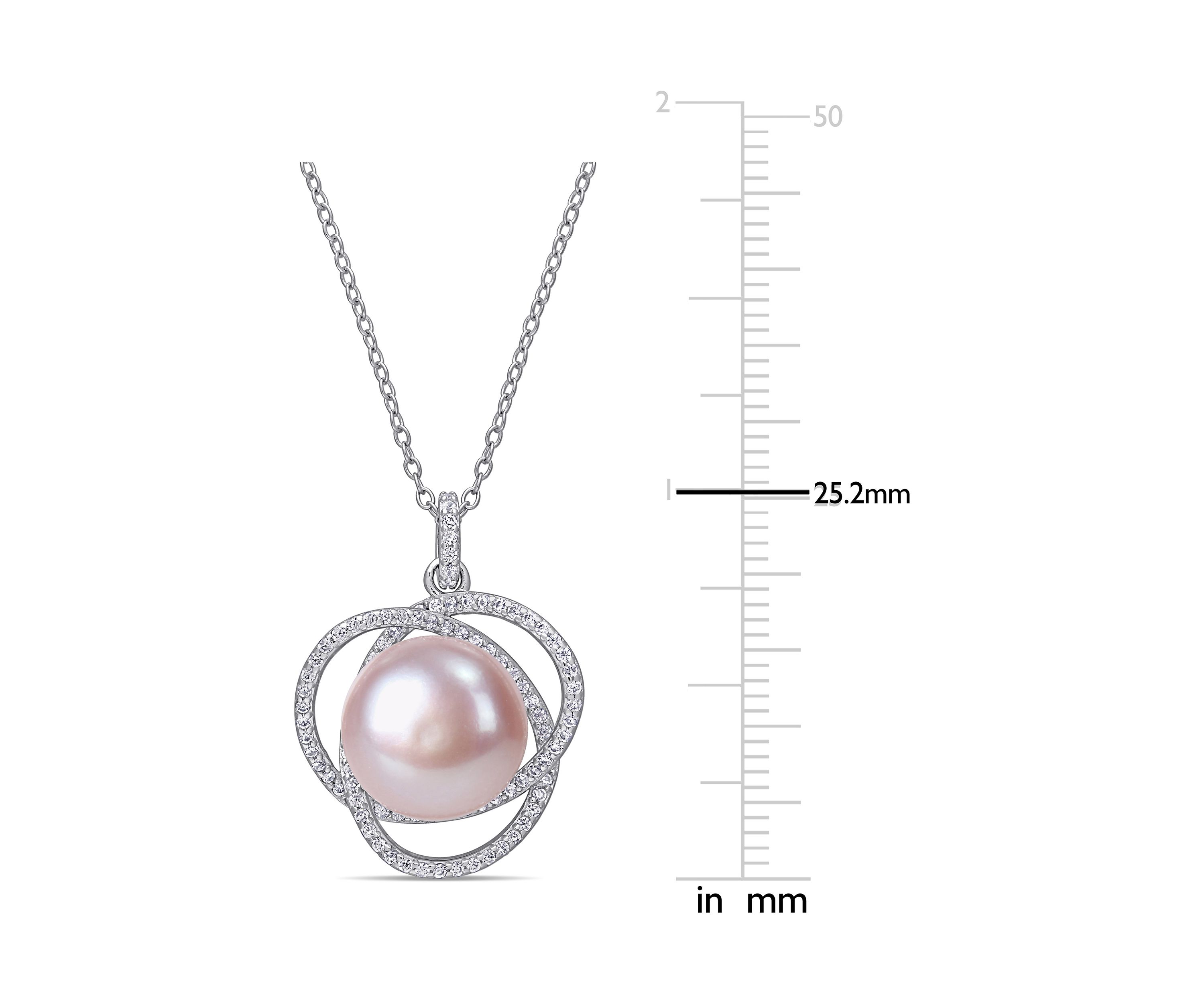 12-12.5 MM Pink Cultured Freshwater Pearl and Cubic Zirconia Interlaced Halo Necklace in Sterling Silver